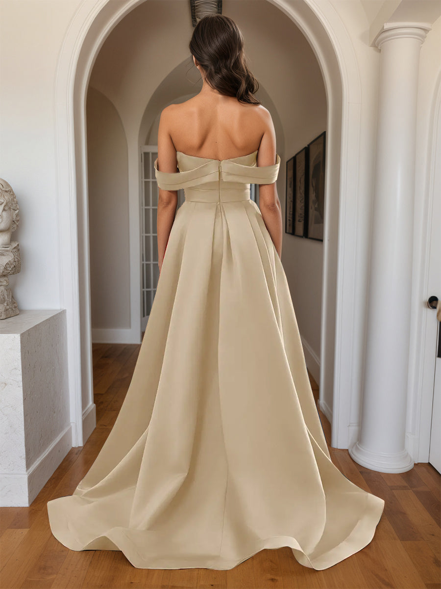 Cicinia Champagne Prom Dresses Long Sheath Soft Satin Slit Off The Shoulder Party Dress