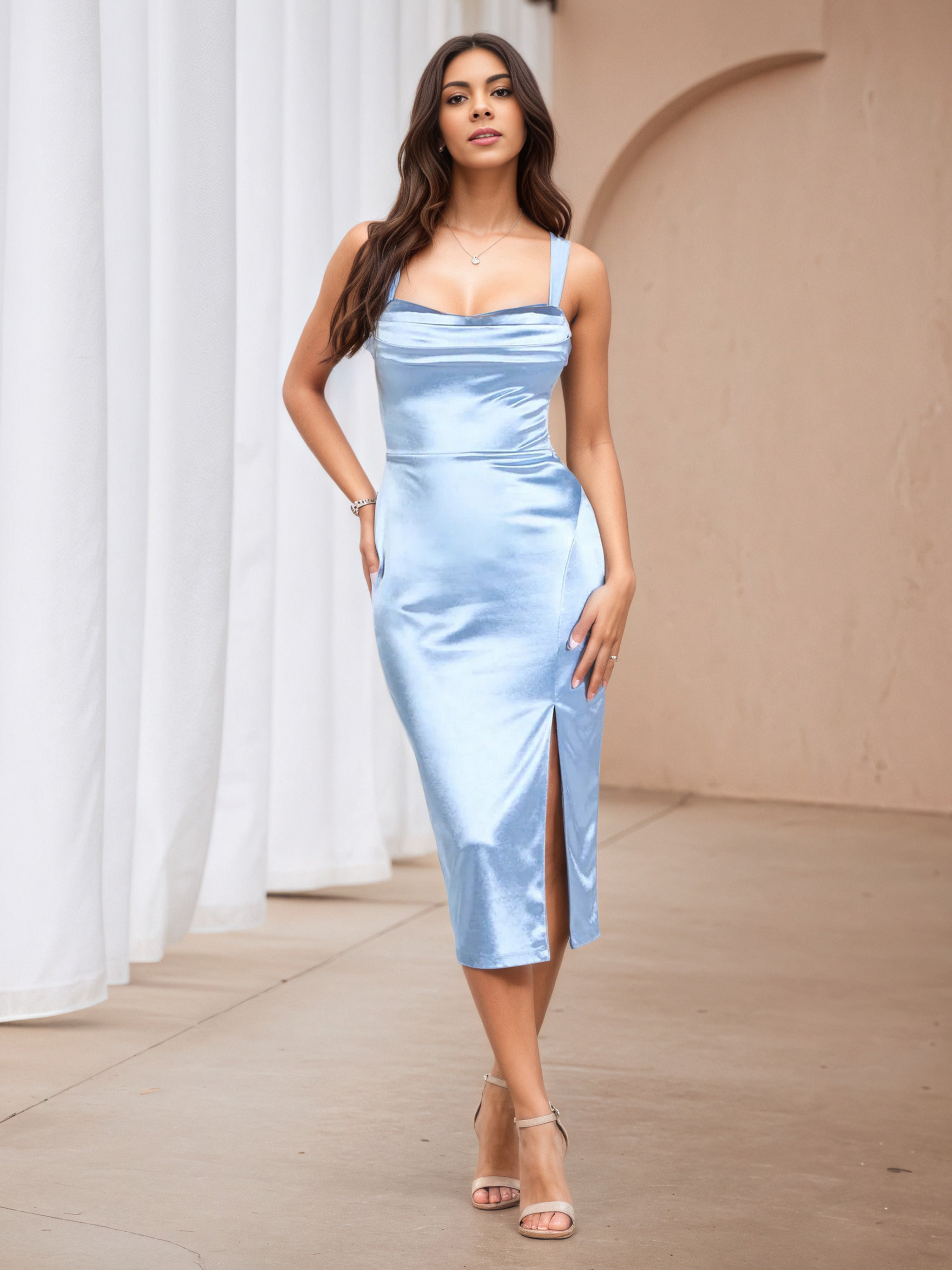 Sky Blue Straps Square Neckline Tea Length Wedding Guest Dress