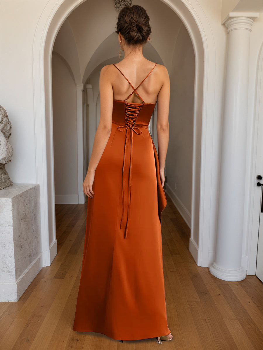 Cicinia Burnt Orange Prom Dresses Long Sheath Slit Spaghetti Straps Floor Length