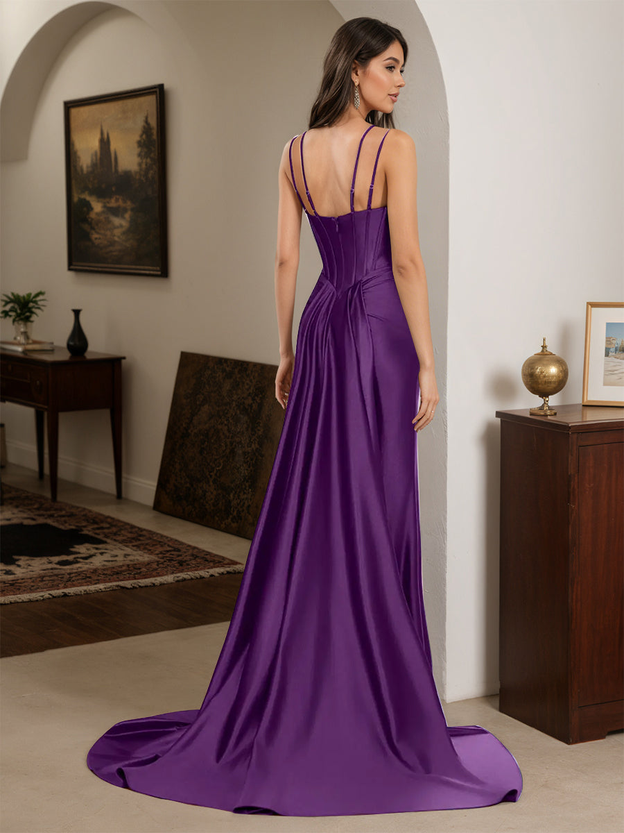 Cicinia Grape Prom Dresses Long Spaghetti Straps Sheath Beaded Slit Dress