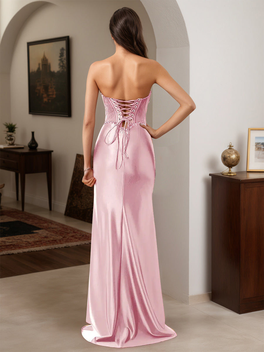 Cicinia Pink Prom Dresses Long Sheath Beaded Sweetheart Slit Party Dress