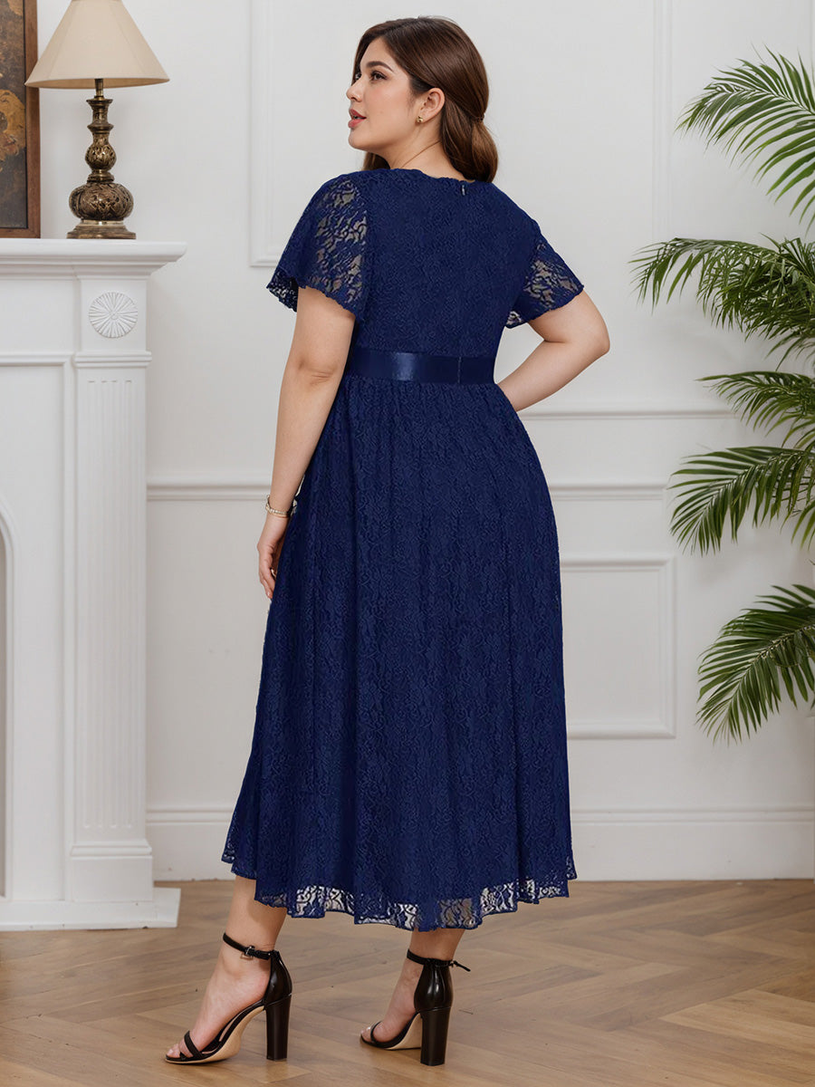 Cicinia Navy Blue Mother Of The Bride Dress Long Lace A-line Tea Length Plus Size