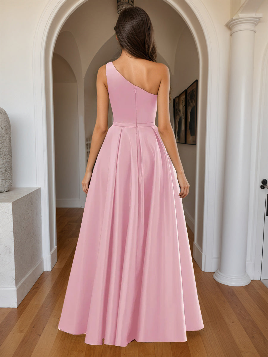 Cicinia Pink Prom Dresses Long A-line Satin Slit One Shoulder Floor Length Gowns