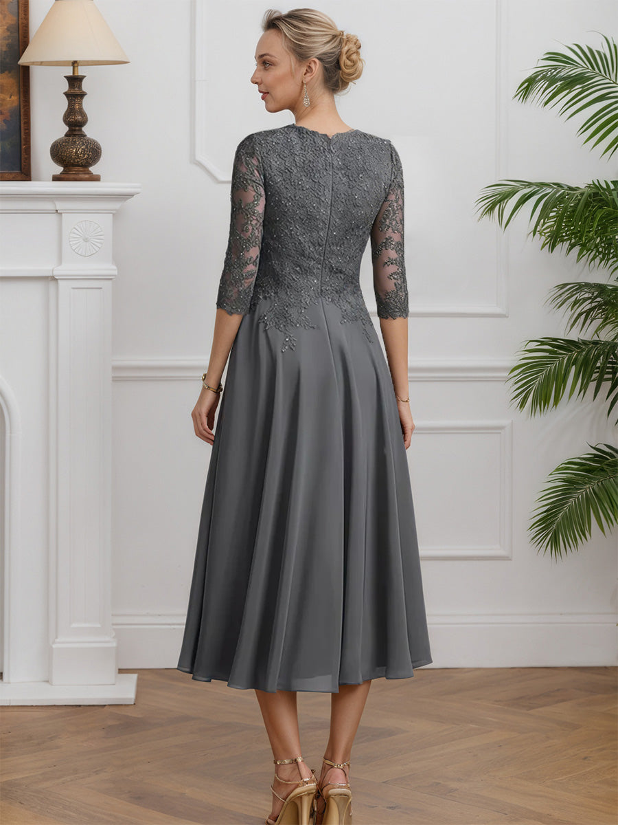 Cicinia Steel Gray Mother Of The Groom Dress Long Chiffon Lace A-line V-neck Tea Length