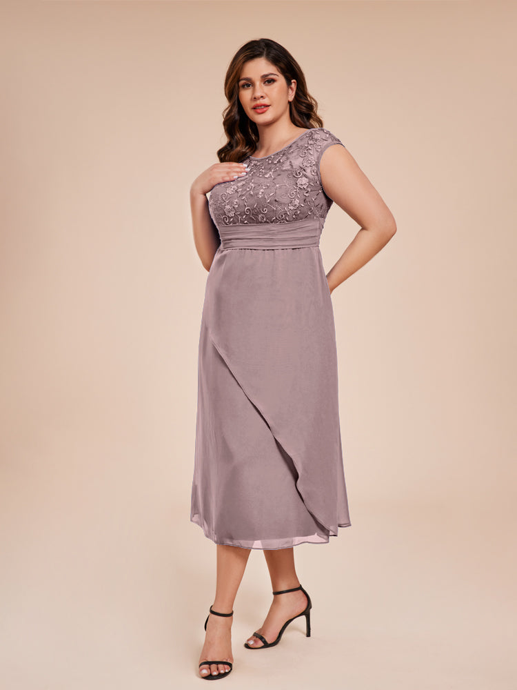 A Line Cap Sleeves Ruffle Lace Bodice Chiffon Mother of the Bride Dress