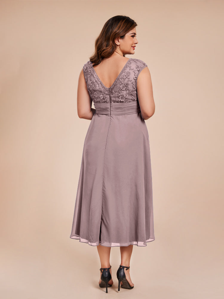 A Line Cap Sleeves Ruffle Lace Bodice Chiffon Mother of the Bride Dress