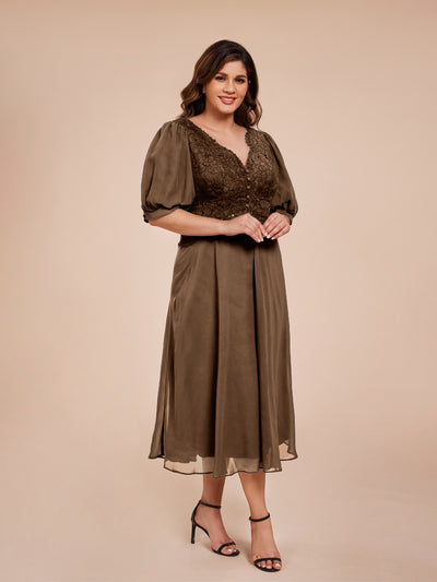 A Line Half Lantern Sleeves V-Neck Lace Top Chiffon Mother of the Bride Dress