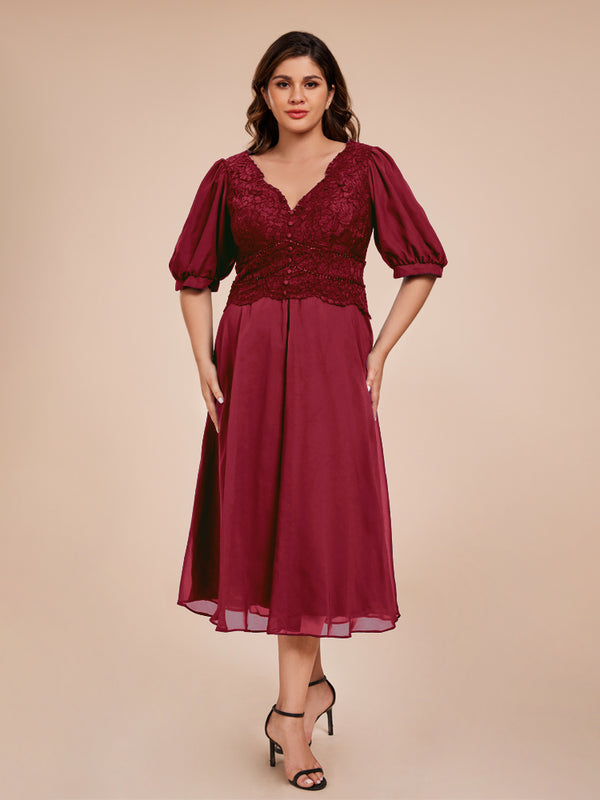 A Line Half Lantern Sleeves V-Neck Lace Top Chiffon Mother of the  Groom Dress
