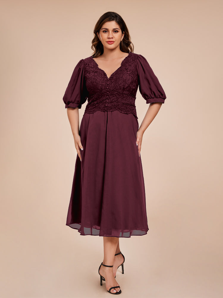 A Line Half Lantern Sleeves V-Neck Lace Top Chiffon Mother of the Bride Dress, Cabernet