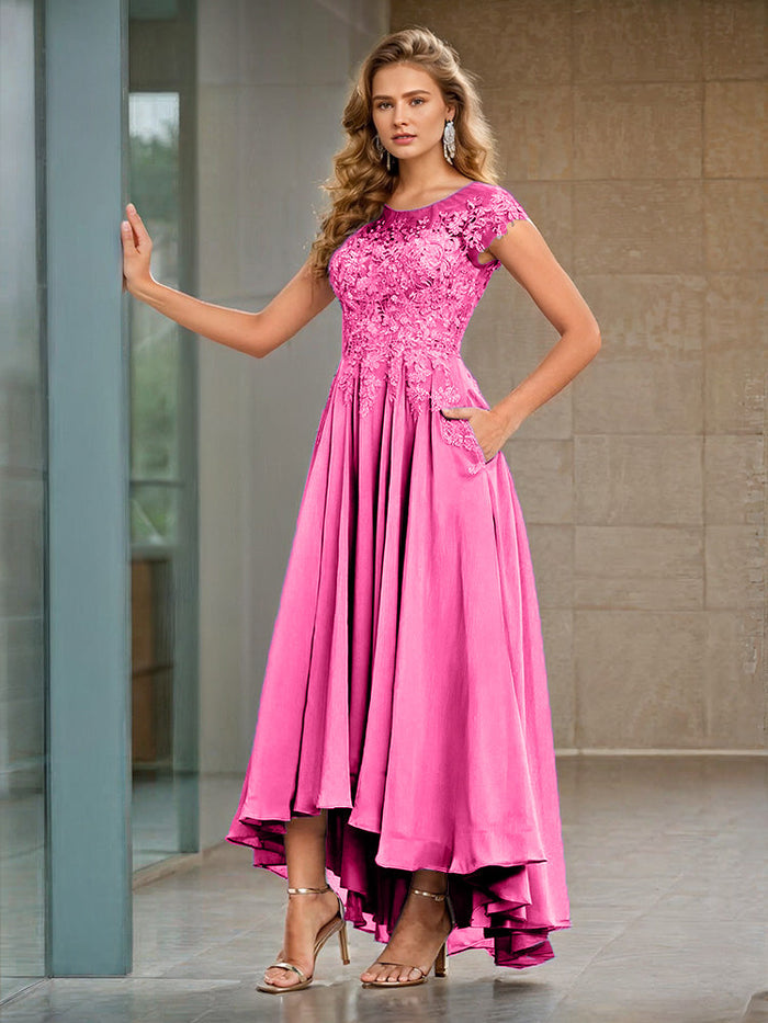 Round Neck Lace Appliques Chiffon Mother of the Bride Dresses with Cap