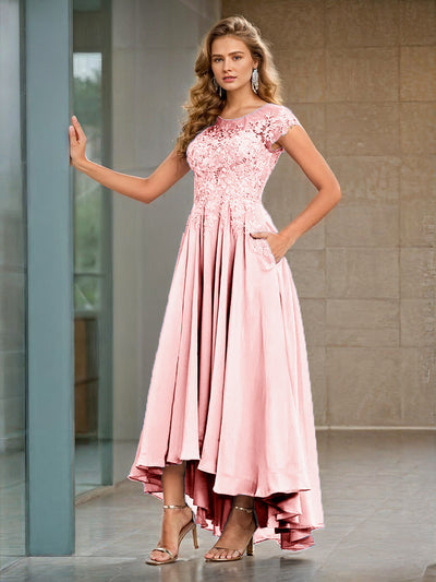 A Line Cap Sleeves Ruffle Lace Bodice Chiffon Mother of the  Groom Dress
