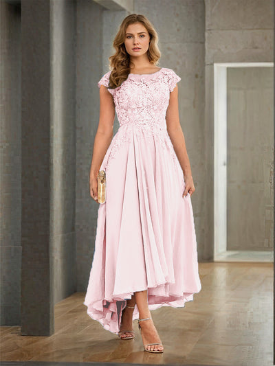 Lace Illusion Neck Cape Sleeves Chiffon Long Dress Candy Pink