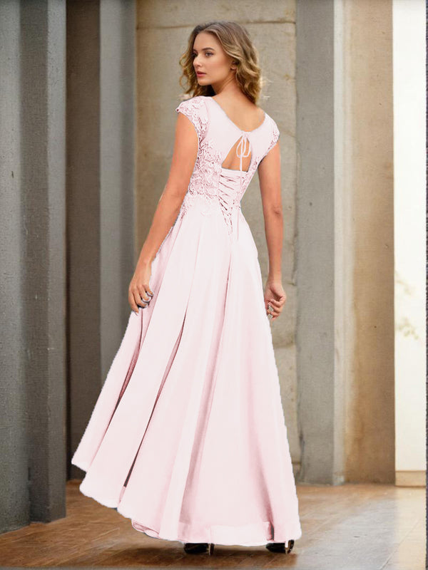 Cicinia Blushing Pink Mother Of The Bride Dress Long Chiffon Appliques Lace A-line Cape Sleeves Elegant