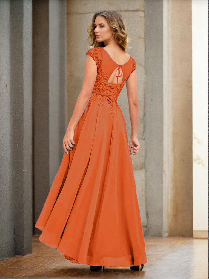A-Line Lace Appliques Chiffon Ruffles Tiered High Side Slit and Train Prom Dress WU1547