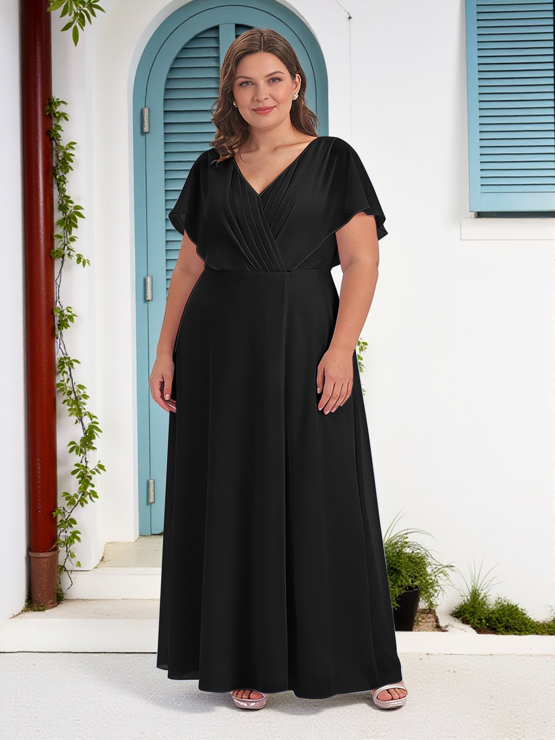 Cicinia Black Mother Of The Bride Dress Long Chiffon A-line Plus Size V-neck Floor Length