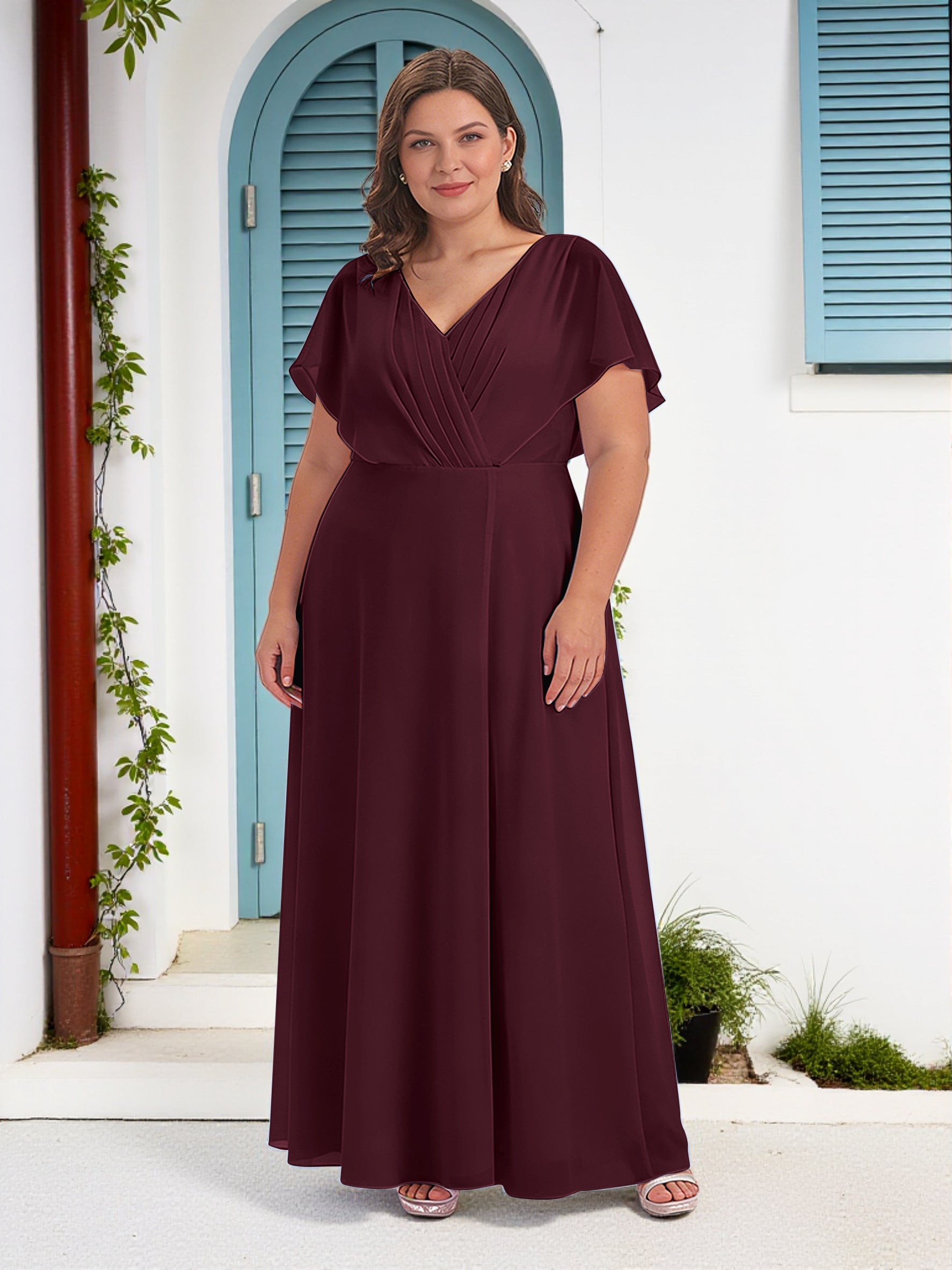 Cicinia Cabernet Mother Of The Bride Dress Long Chiffon A-line Plus Size V-neck Floor Length