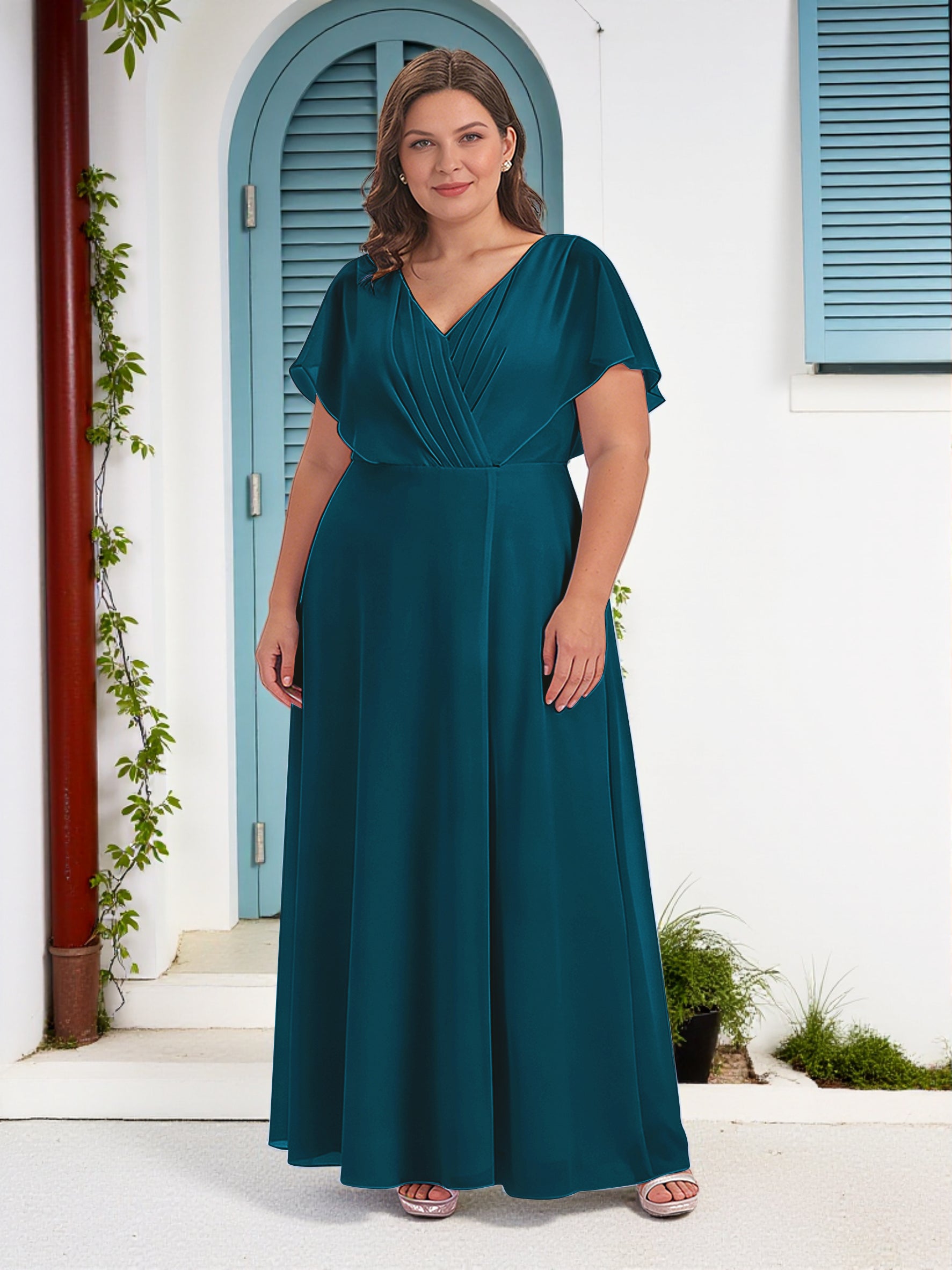 Cicinia Ink Blue Mother Of The Bride Dress Long Chiffon A-line Plus Size V-neck Floor Length