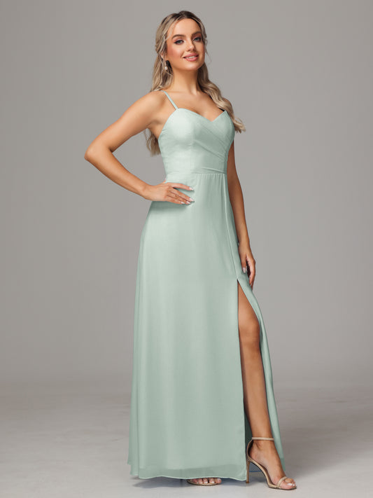 Spaghetti Straps Sweetheart Chiffon Bridesmaid Dress With Slit