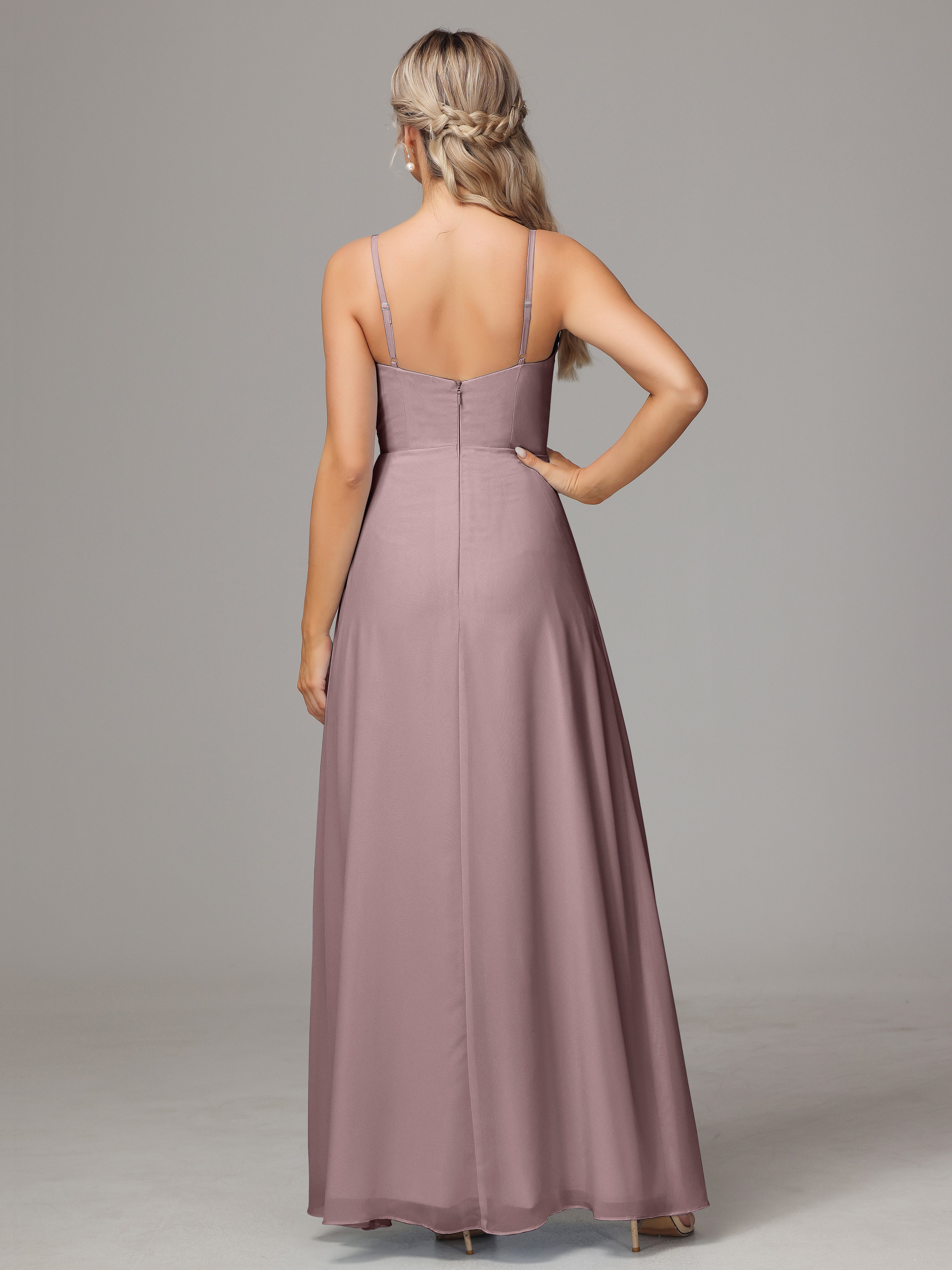 V Neck Spaghetti Straps Chiffon Wedding Guest Dress With Slit