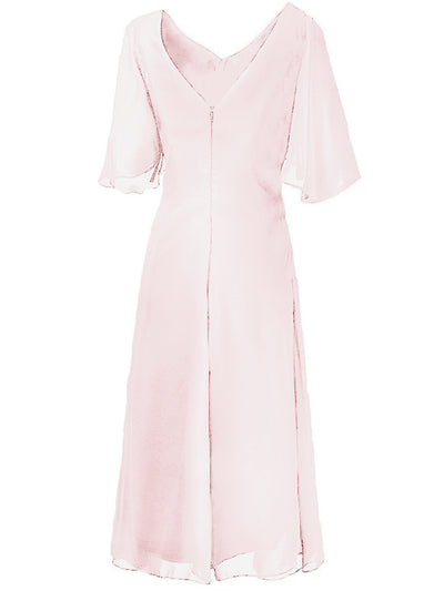 Short Sleeves Rhinestone Ruched Chiffon Mother of the Bride Dress