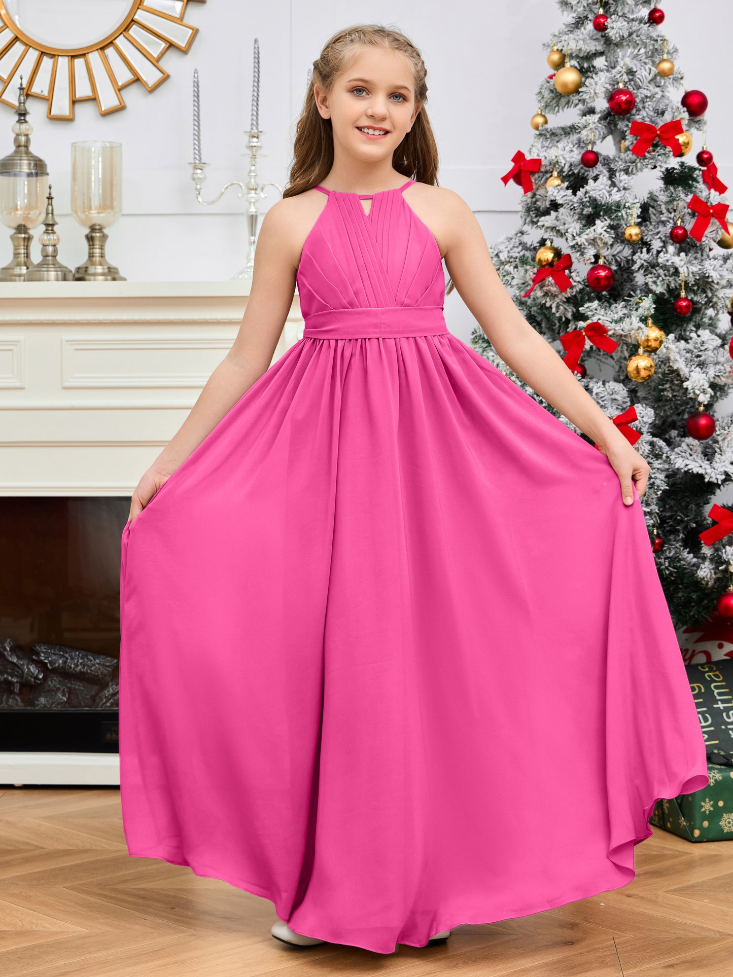 Halter Floor-Length Chiffon Junior Bridesmaid Dress