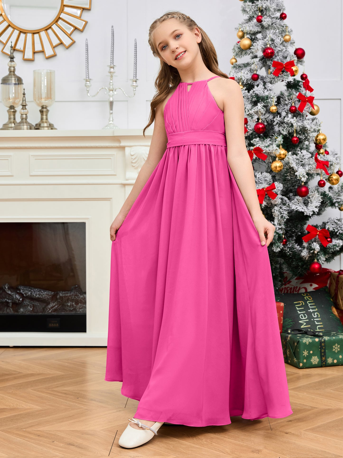 Halter Floor-Length Chiffon Junior Bridesmaid Dress