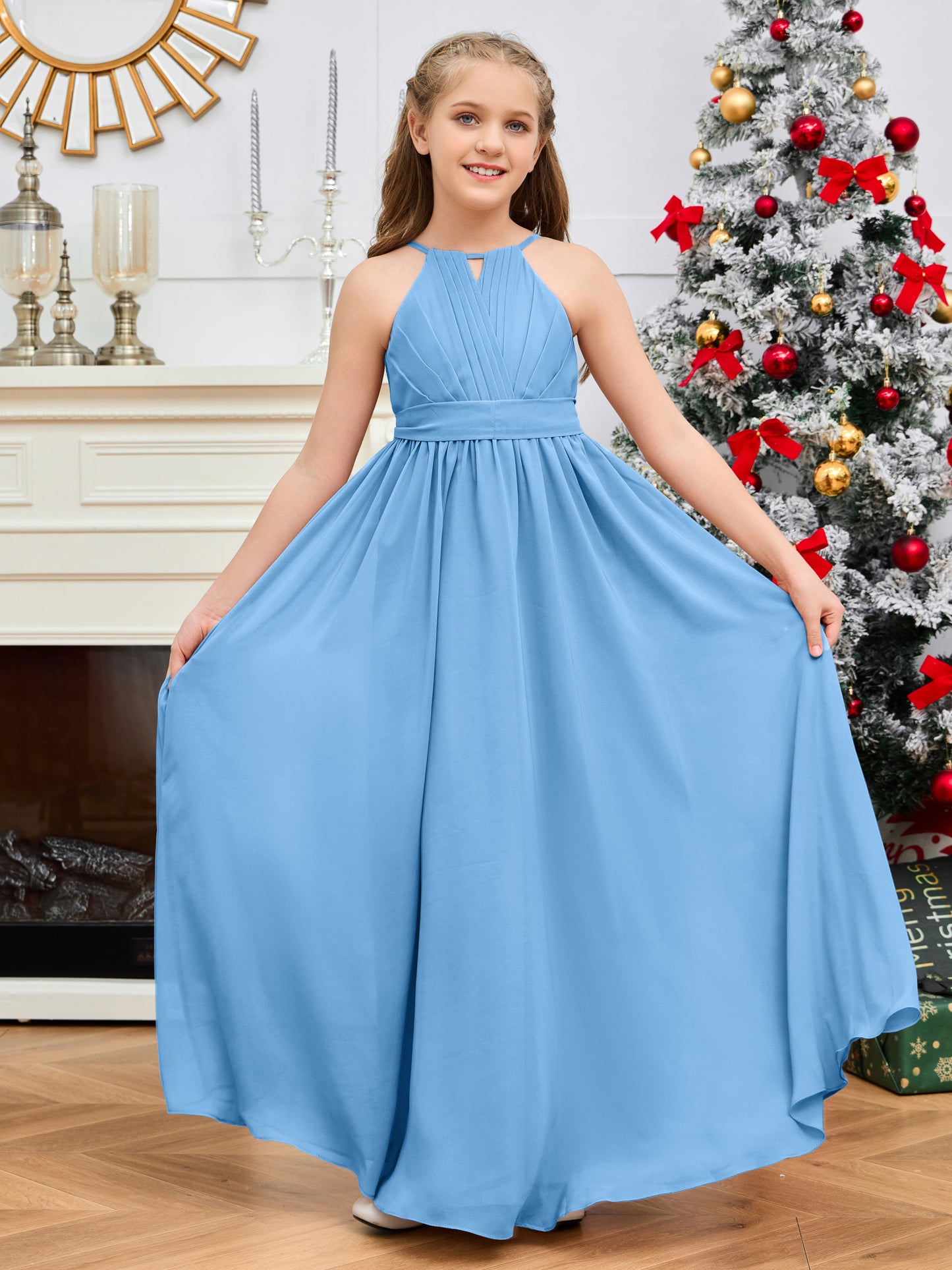 Halter Floor-Length Chiffon Junior Bridesmaid Dress