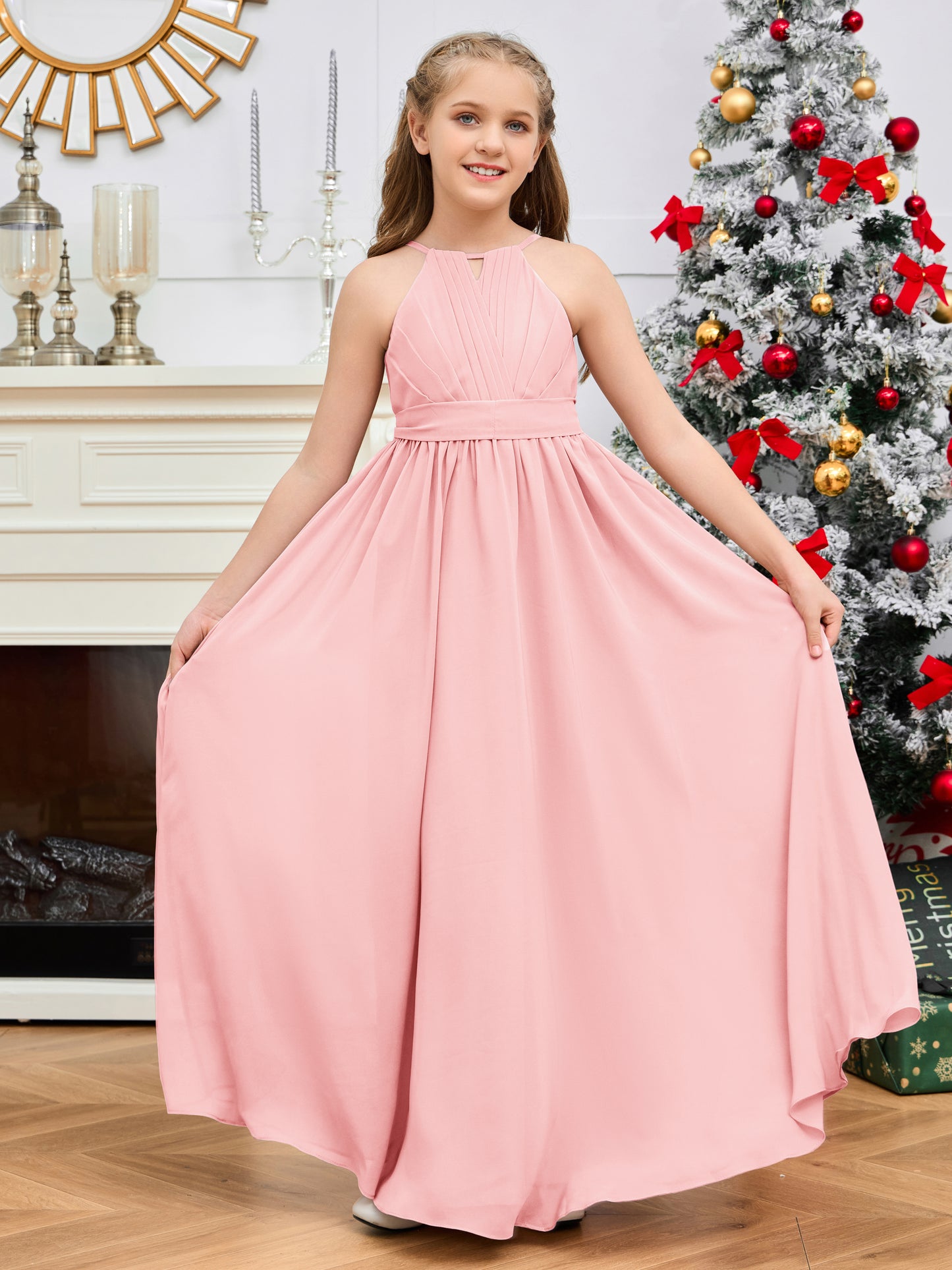 Halter Floor-Length Chiffon Junior Bridesmaid Dress