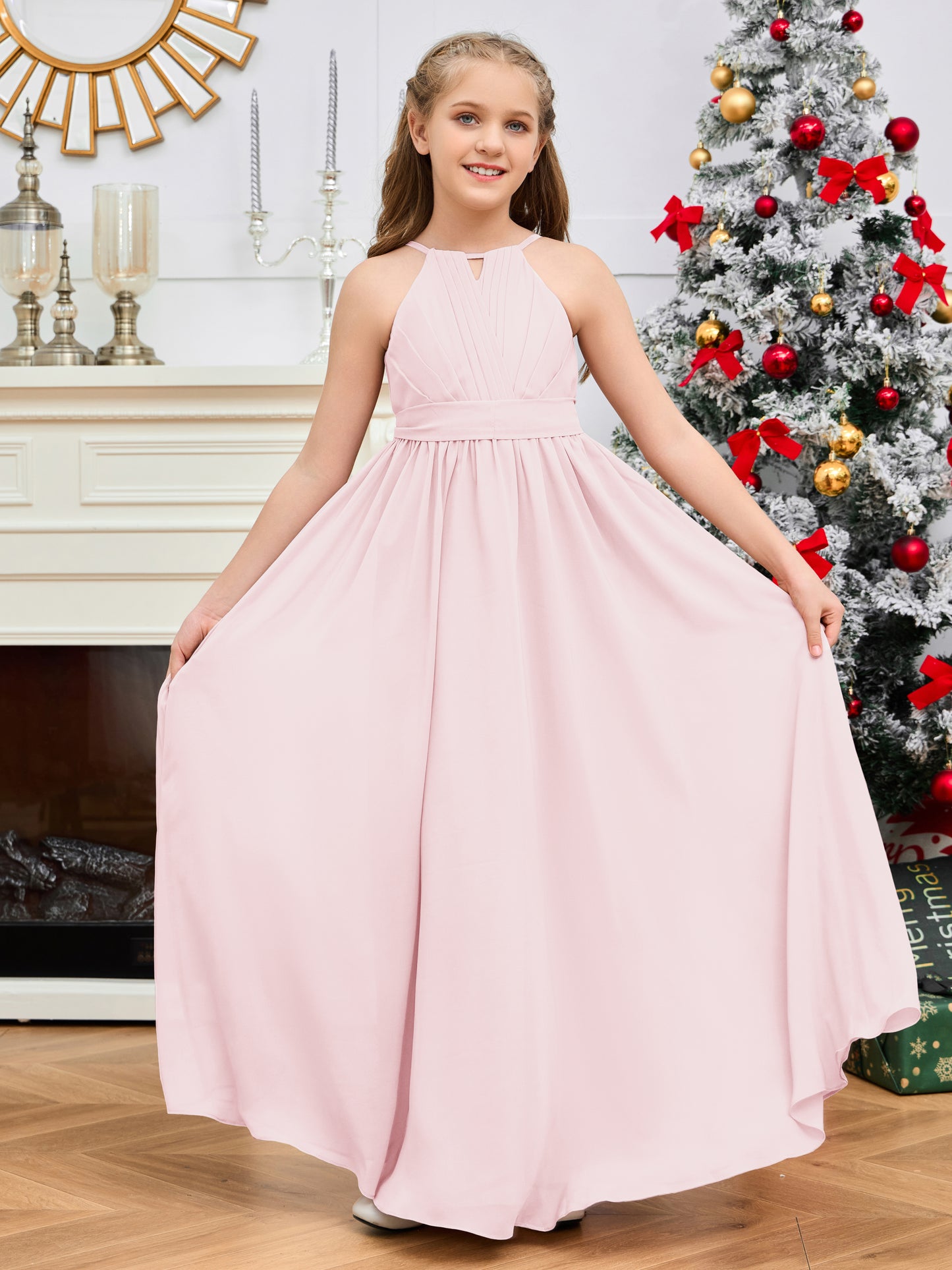 Halter Floor-Length Chiffon Junior Bridesmaid Dress