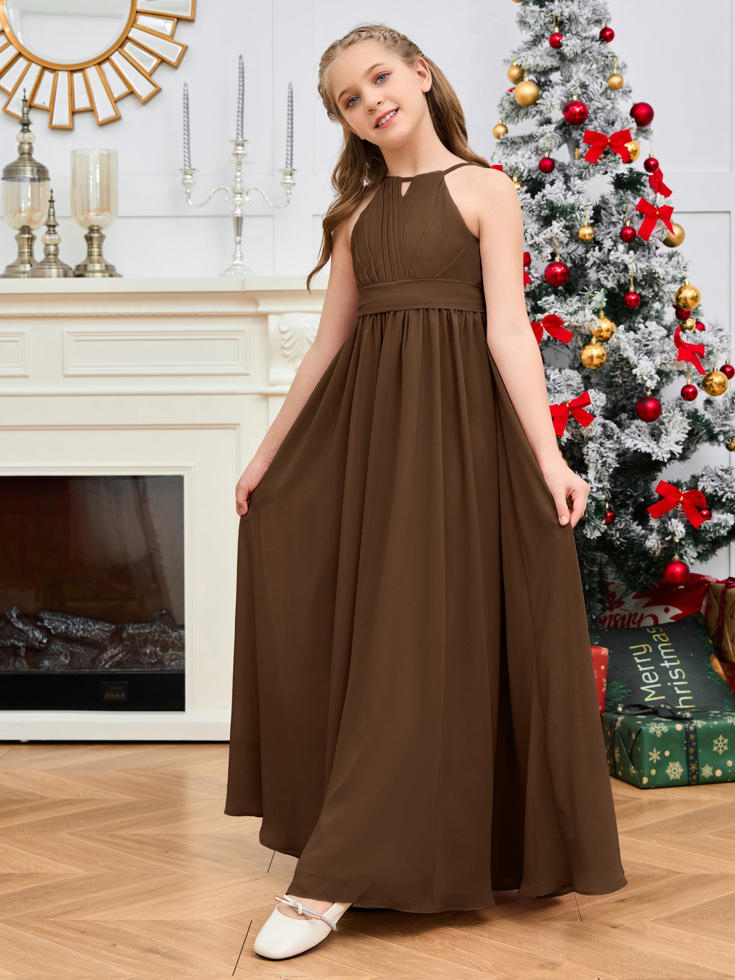 Halter Floor-Length Chiffon Junior Bridesmaid Dress