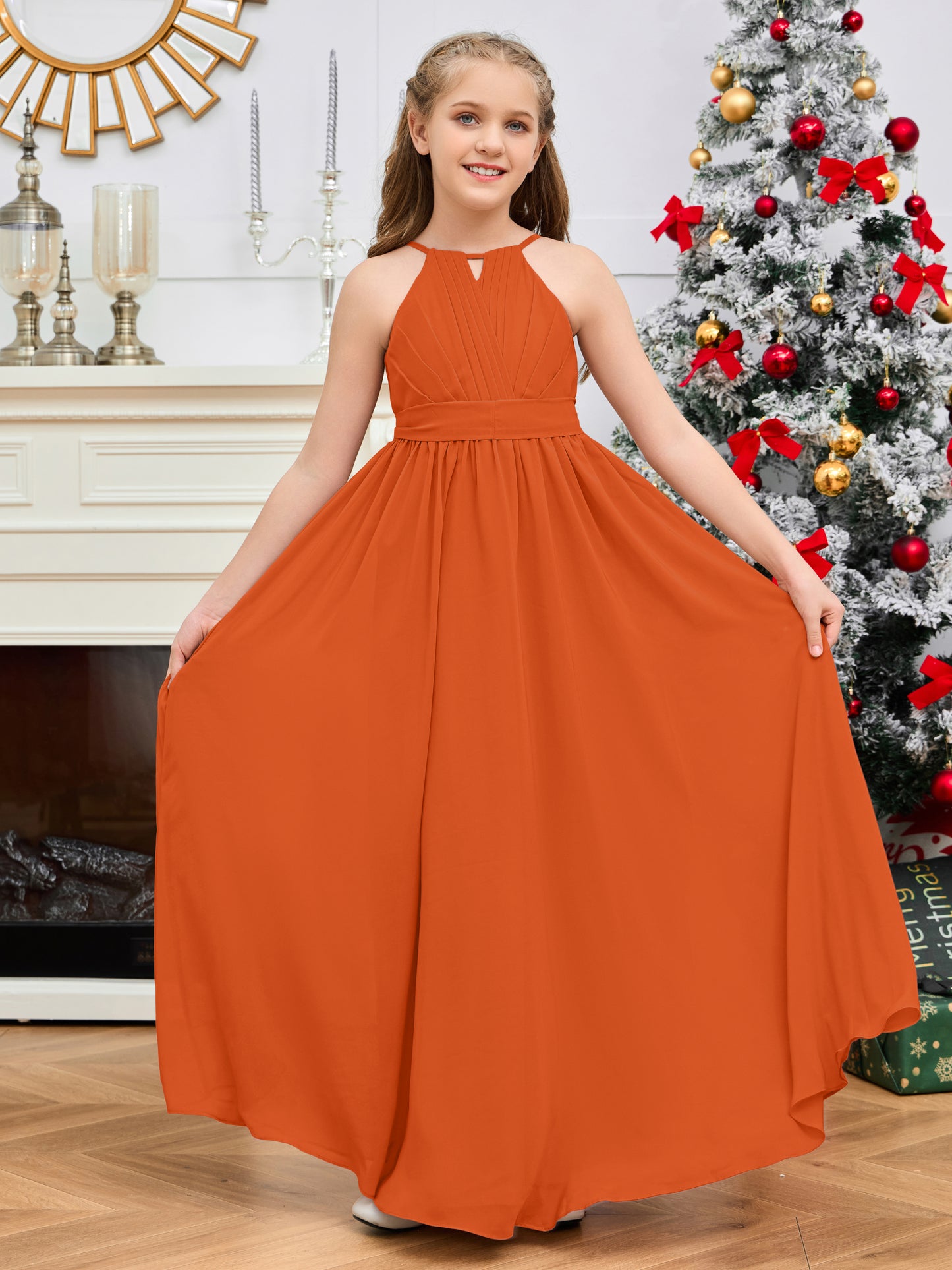 Halter Floor-Length Chiffon Junior Bridesmaid Dress