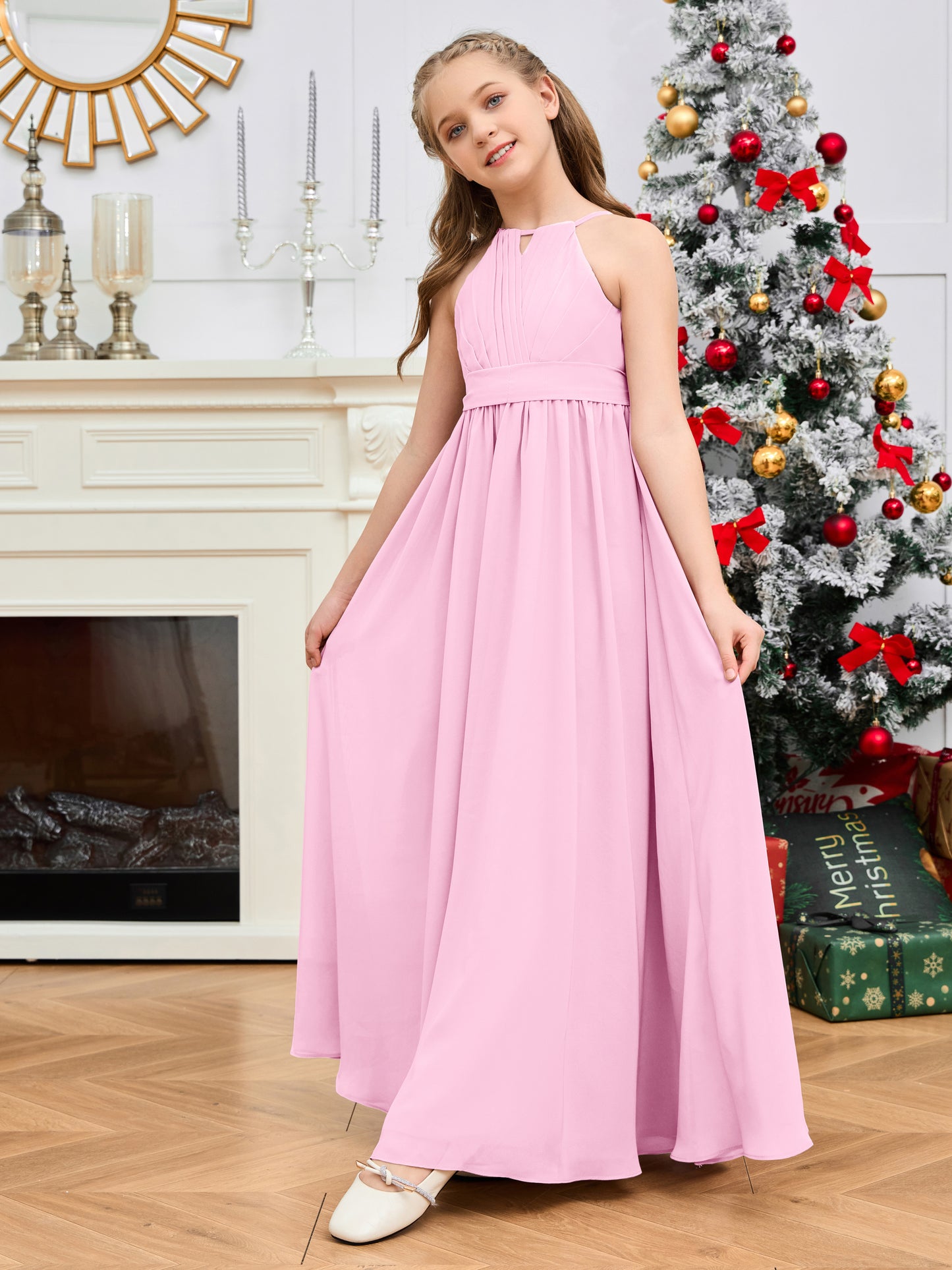 Halter Floor-Length Chiffon Junior Bridesmaid Dress