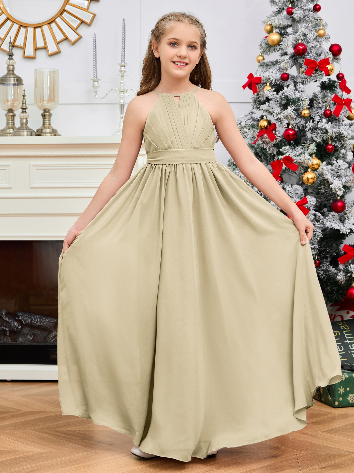 Halter Floor-Length Chiffon Junior Bridesmaid Dress