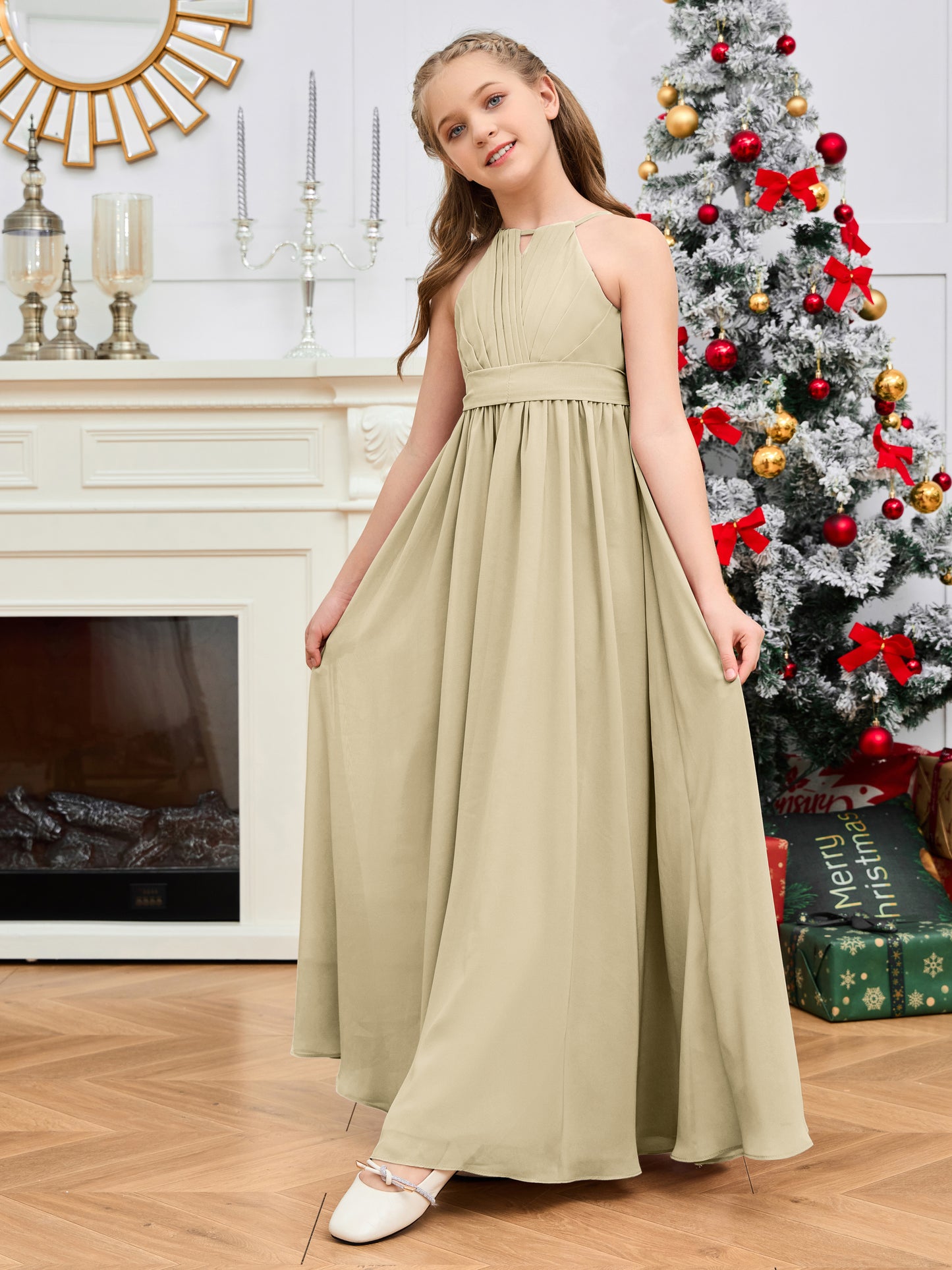 Halter Floor-Length Chiffon Junior Bridesmaid Dress