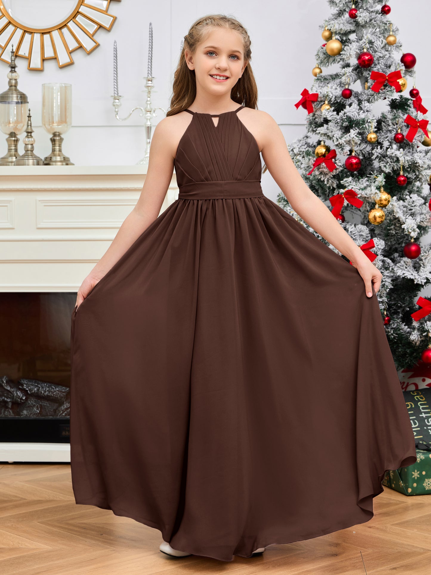 Halter Floor-Length Chiffon Junior Bridesmaid Dress