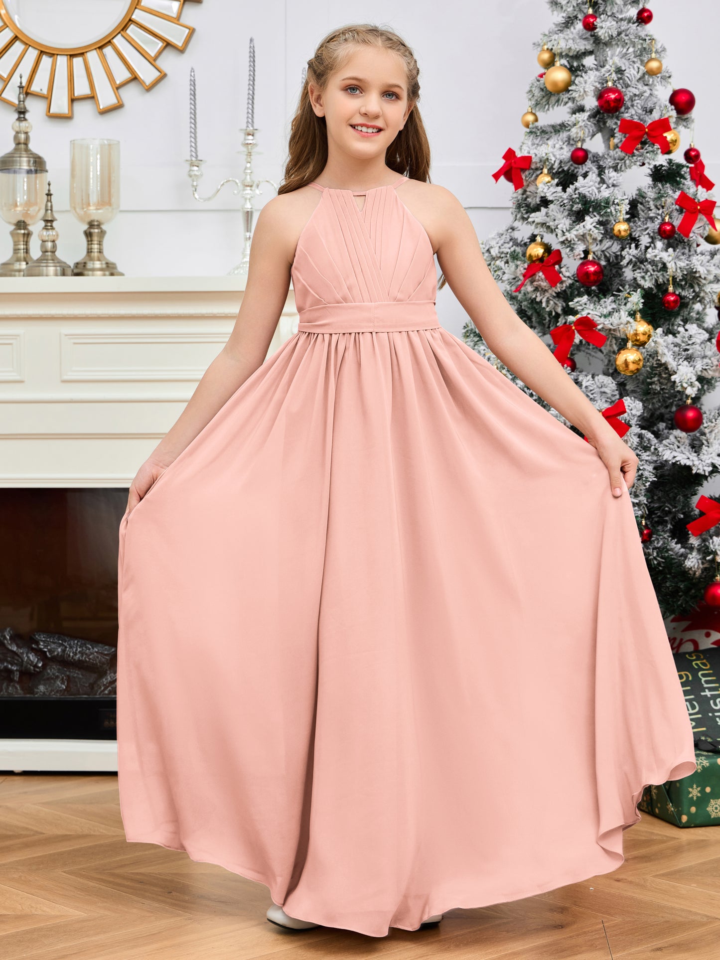 Halter Floor-Length Chiffon Junior Bridesmaid Dress