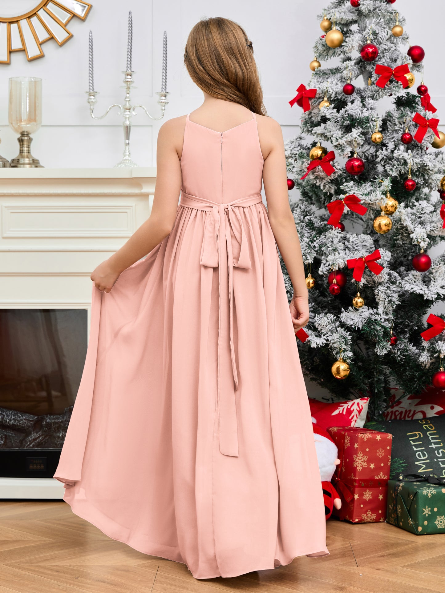 Halter Floor-Length Chiffon Junior Bridesmaid Dress