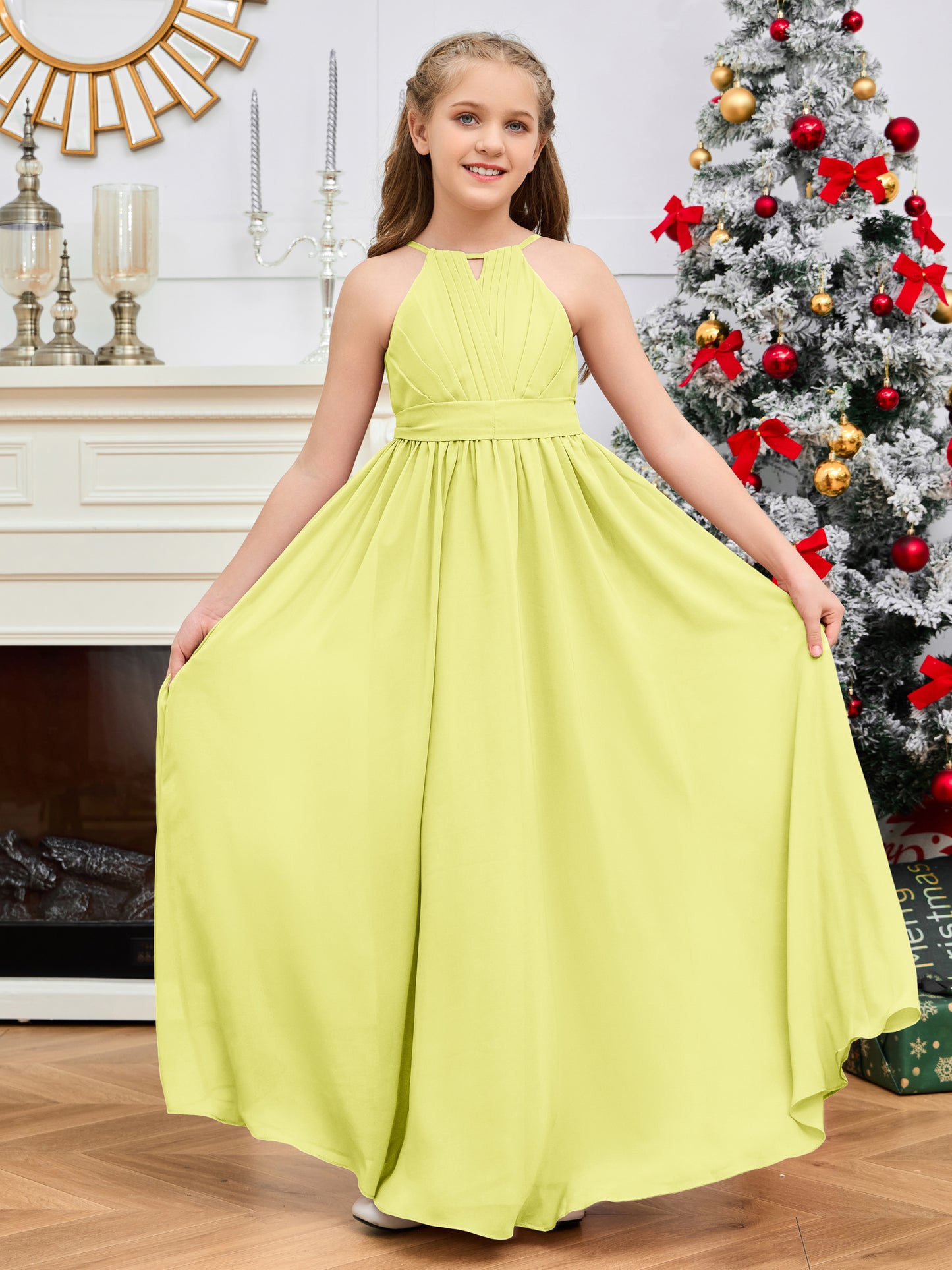 Halter Floor-Length Chiffon Junior Bridesmaid Dress