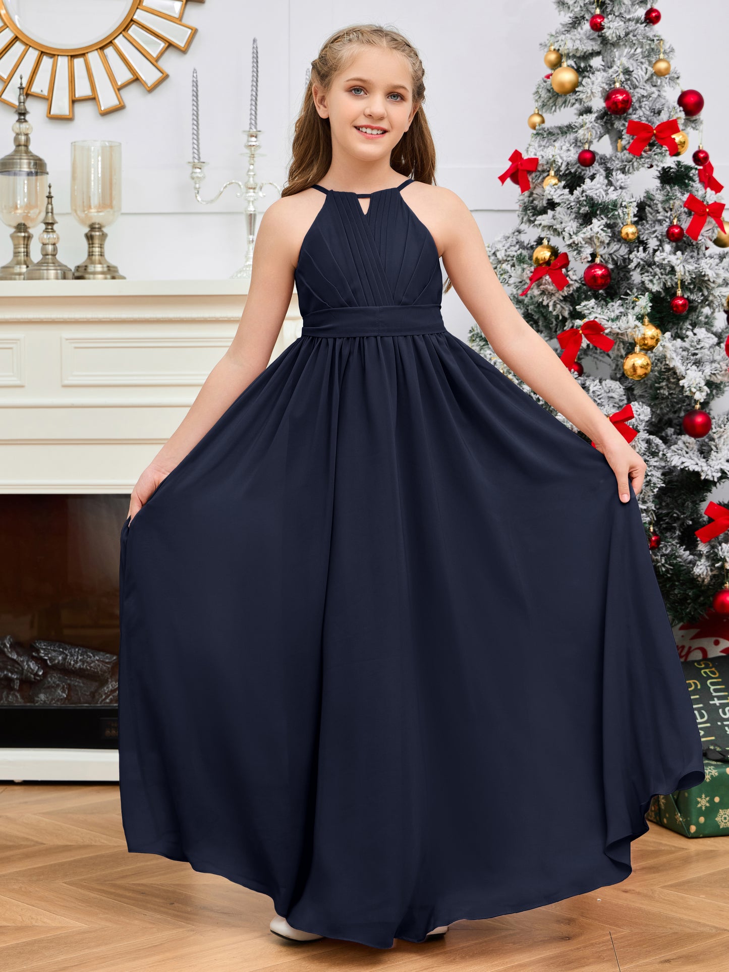 Halter Floor-Length Chiffon Junior Bridesmaid Dress