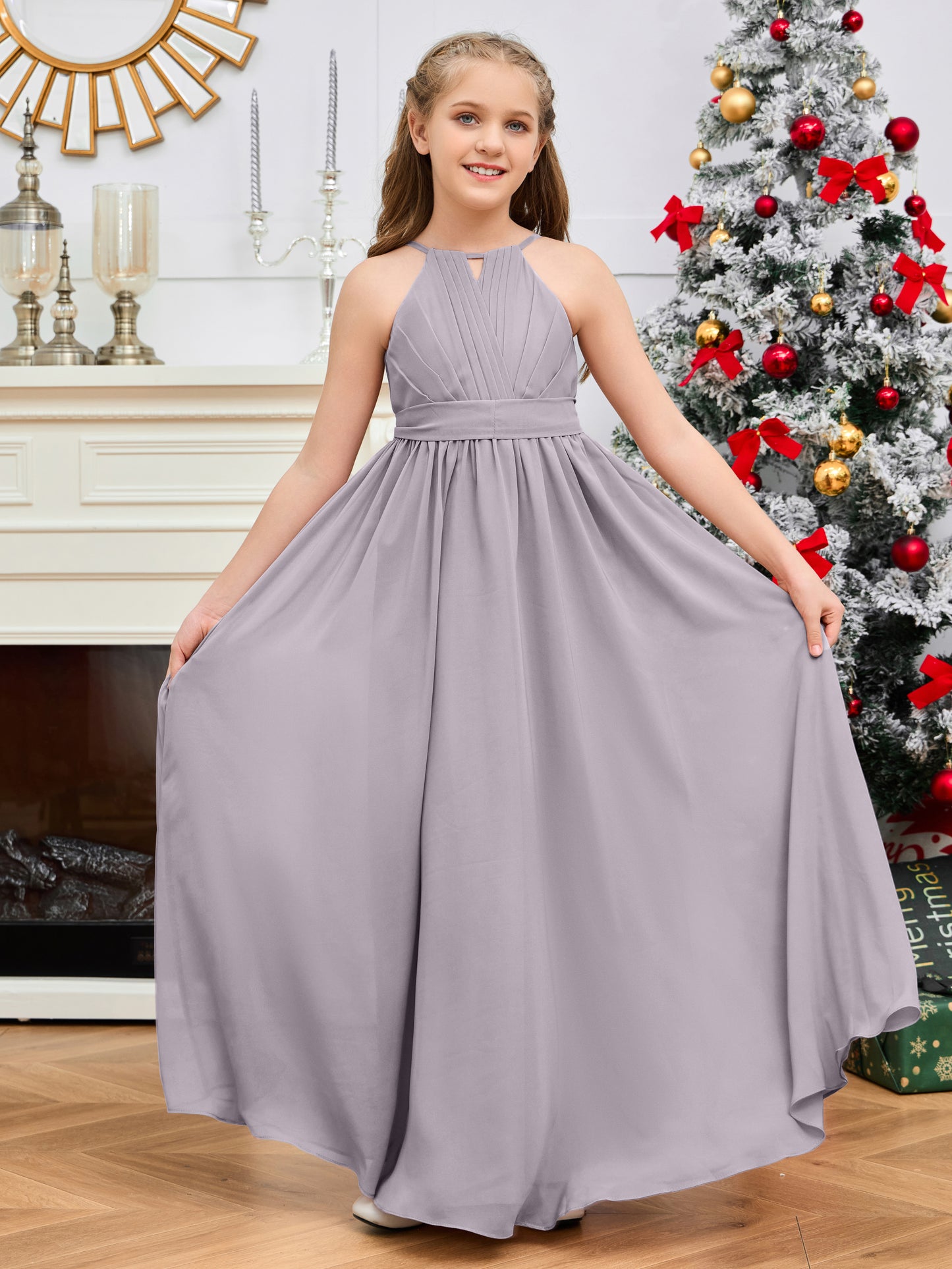 Halter Floor-Length Chiffon Junior Bridesmaid Dress