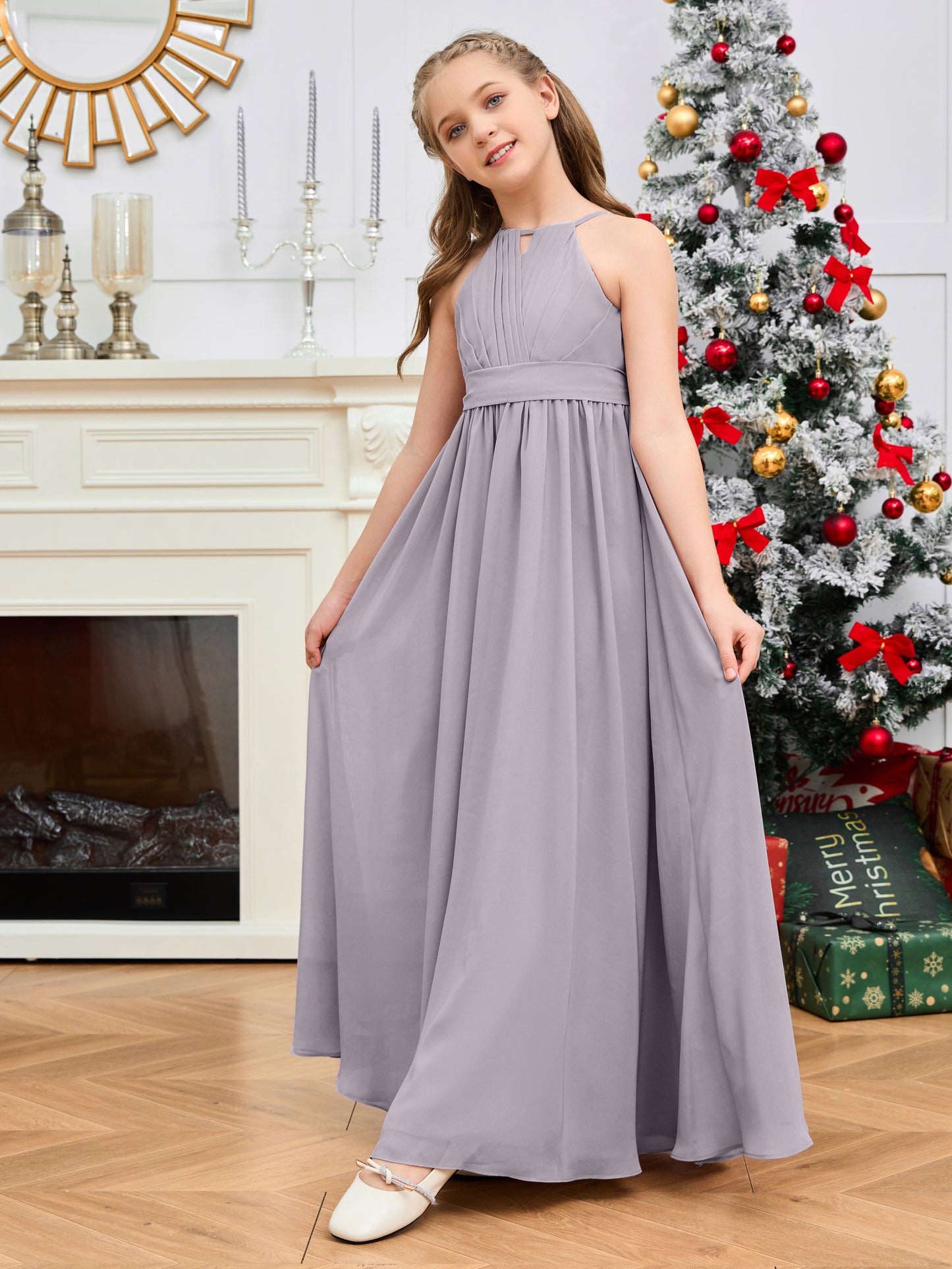 Halter Floor-Length Chiffon Junior Bridesmaid Dress