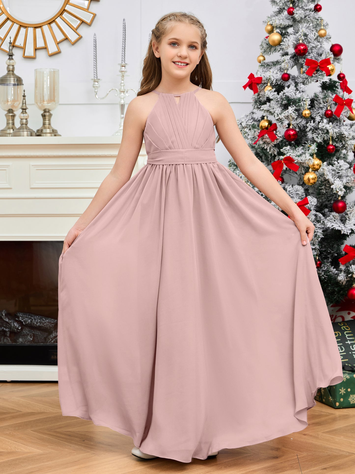 Halter Floor-Length Chiffon Junior Bridesmaid Dress