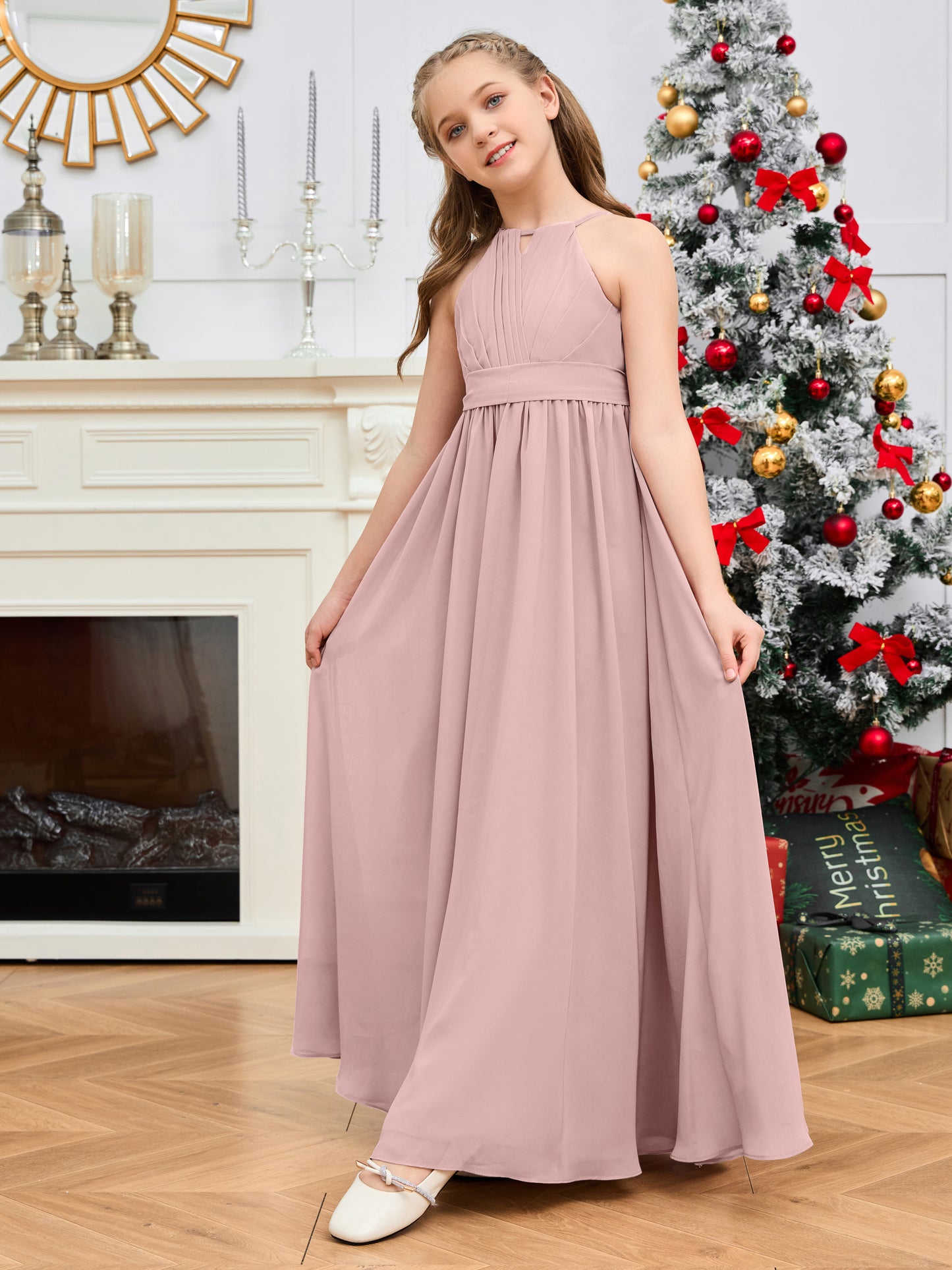 Halter Floor-Length Chiffon Junior Bridesmaid Dress