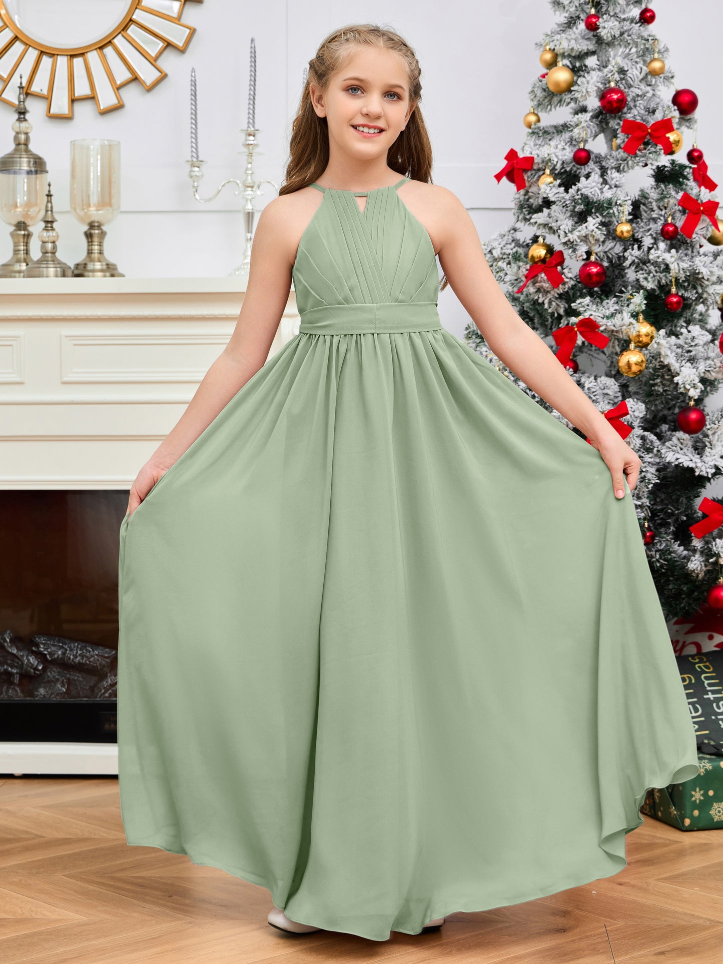 Halter Floor-Length Chiffon Junior Bridesmaid Dress