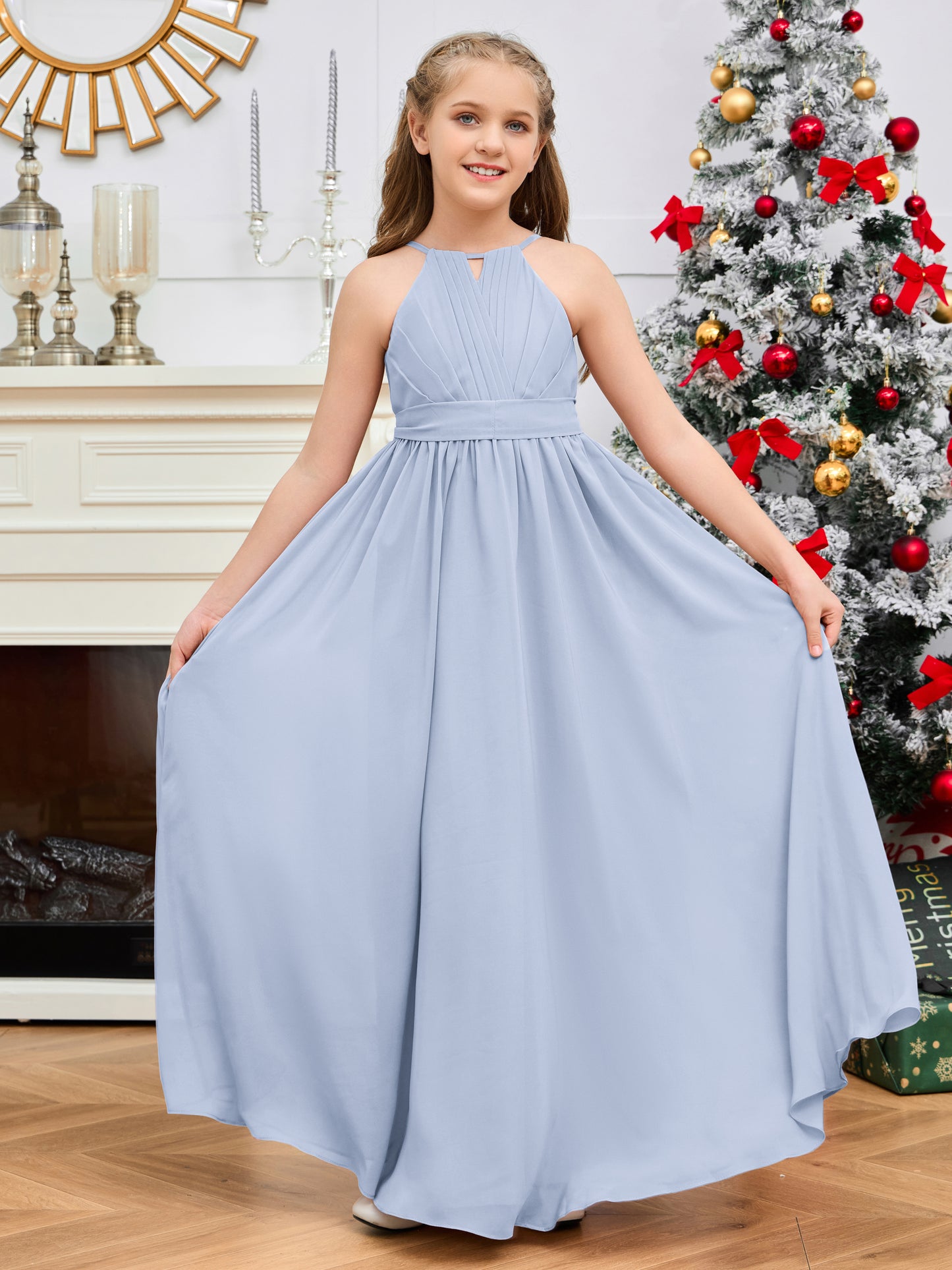 Halter Floor-Length Chiffon Junior Bridesmaid Dress