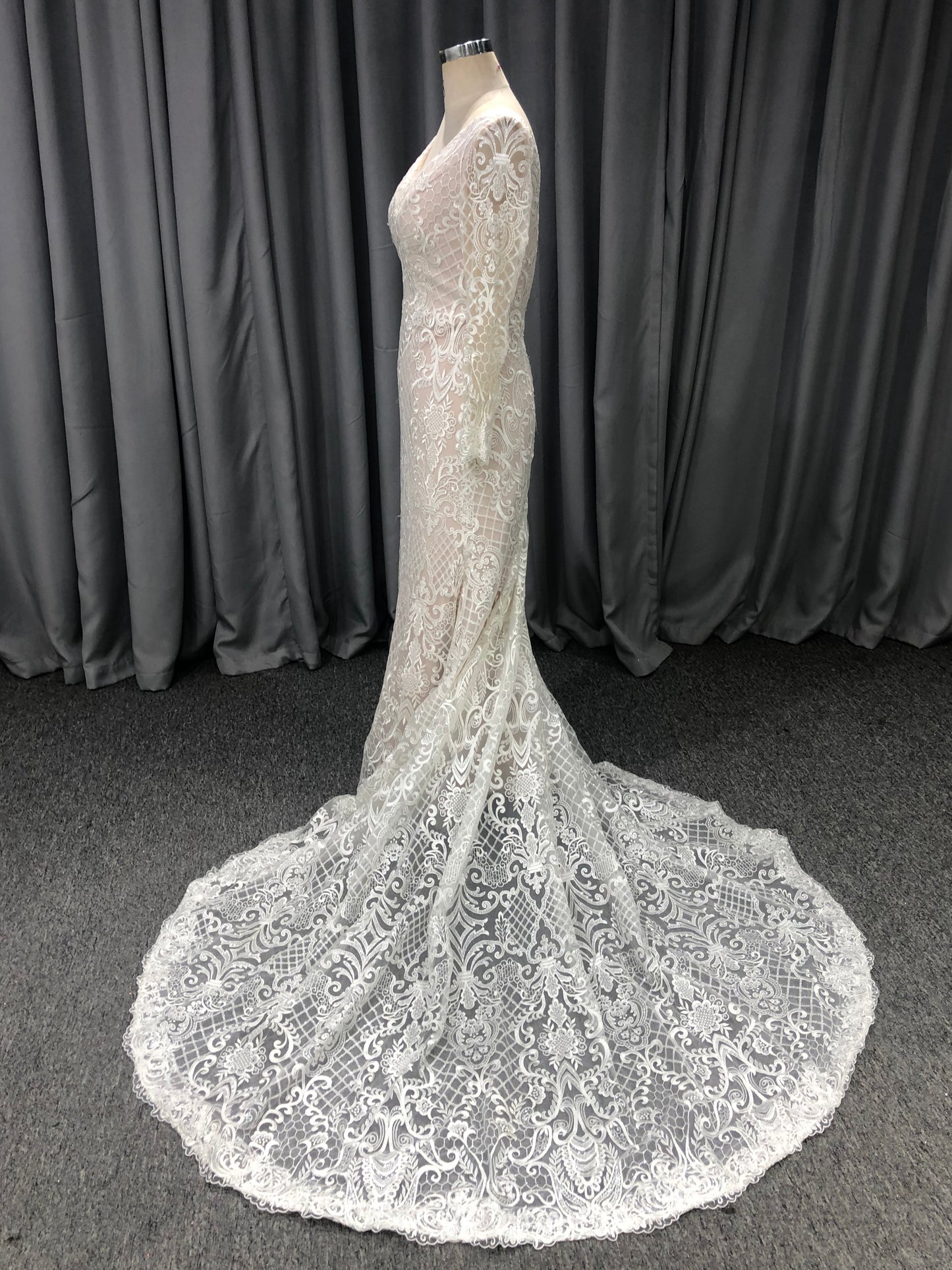 Lace With Beading V Neck and V back Long Sleeves  Wedding Dress With Train C0002