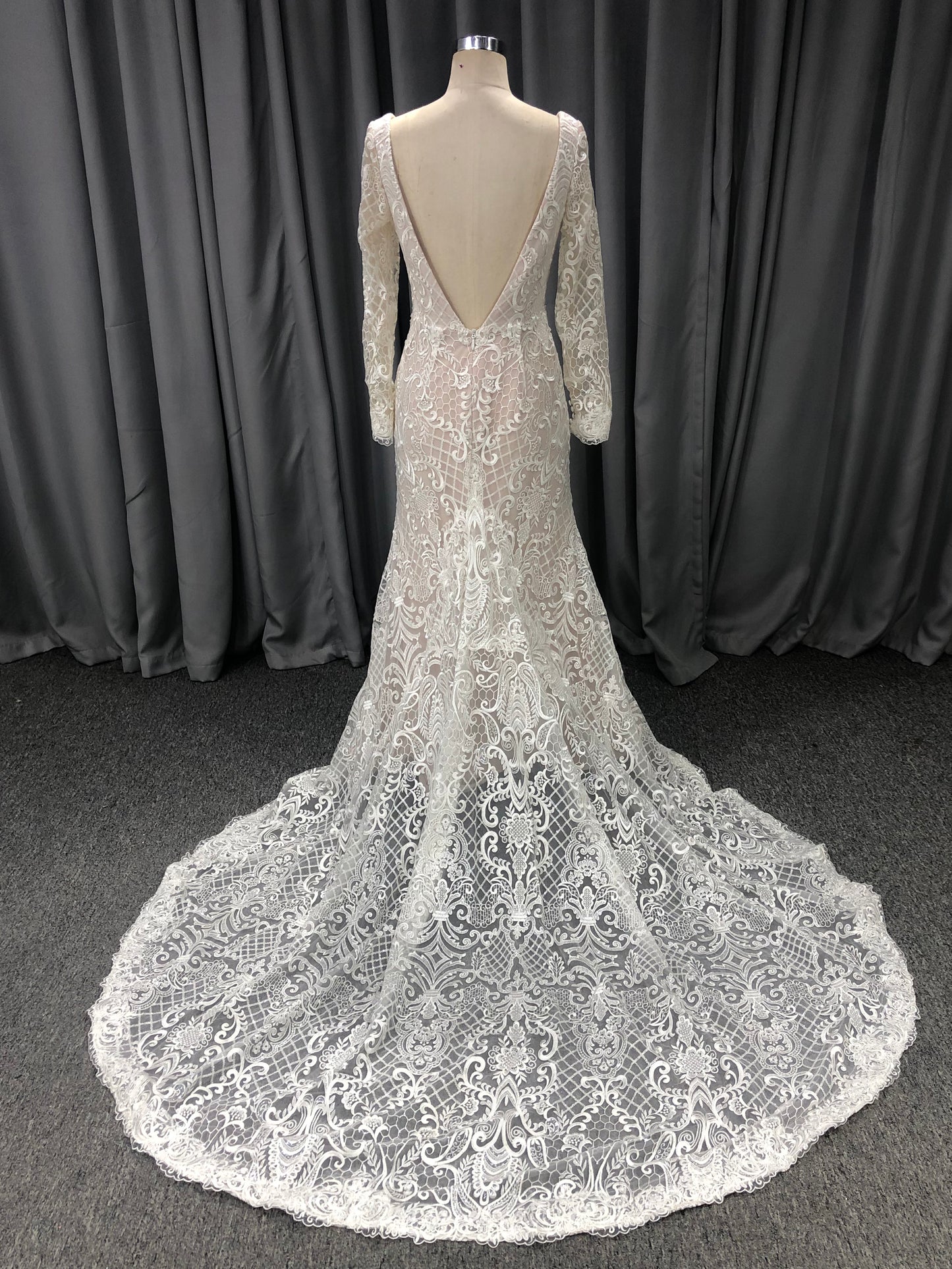 Lace With Beading V Neck and V back Long Sleeves  Wedding Dress With Train C0002