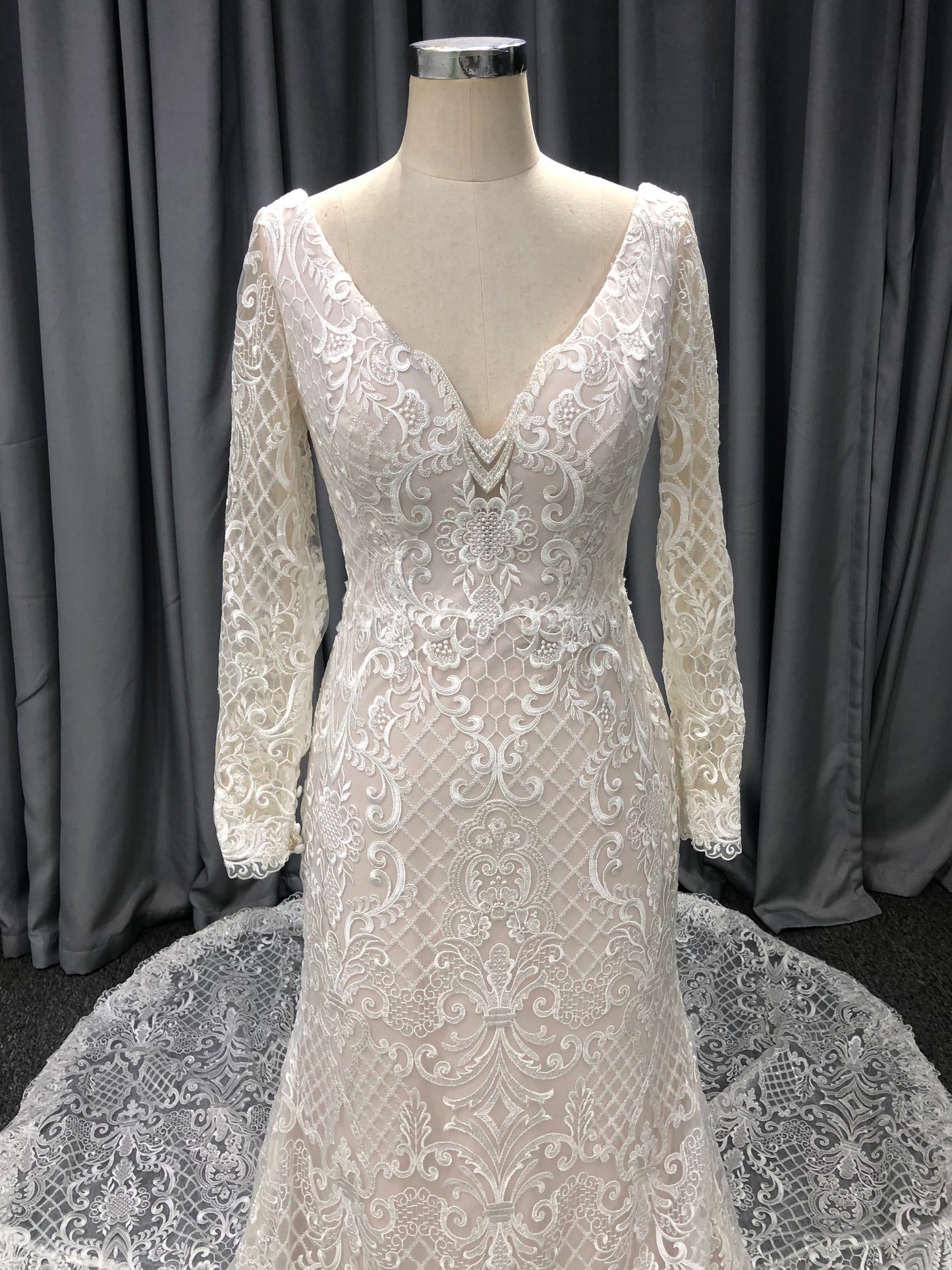 Lace With Beading V Neck and V back Long Sleeves  Wedding Dress With Train C0002
