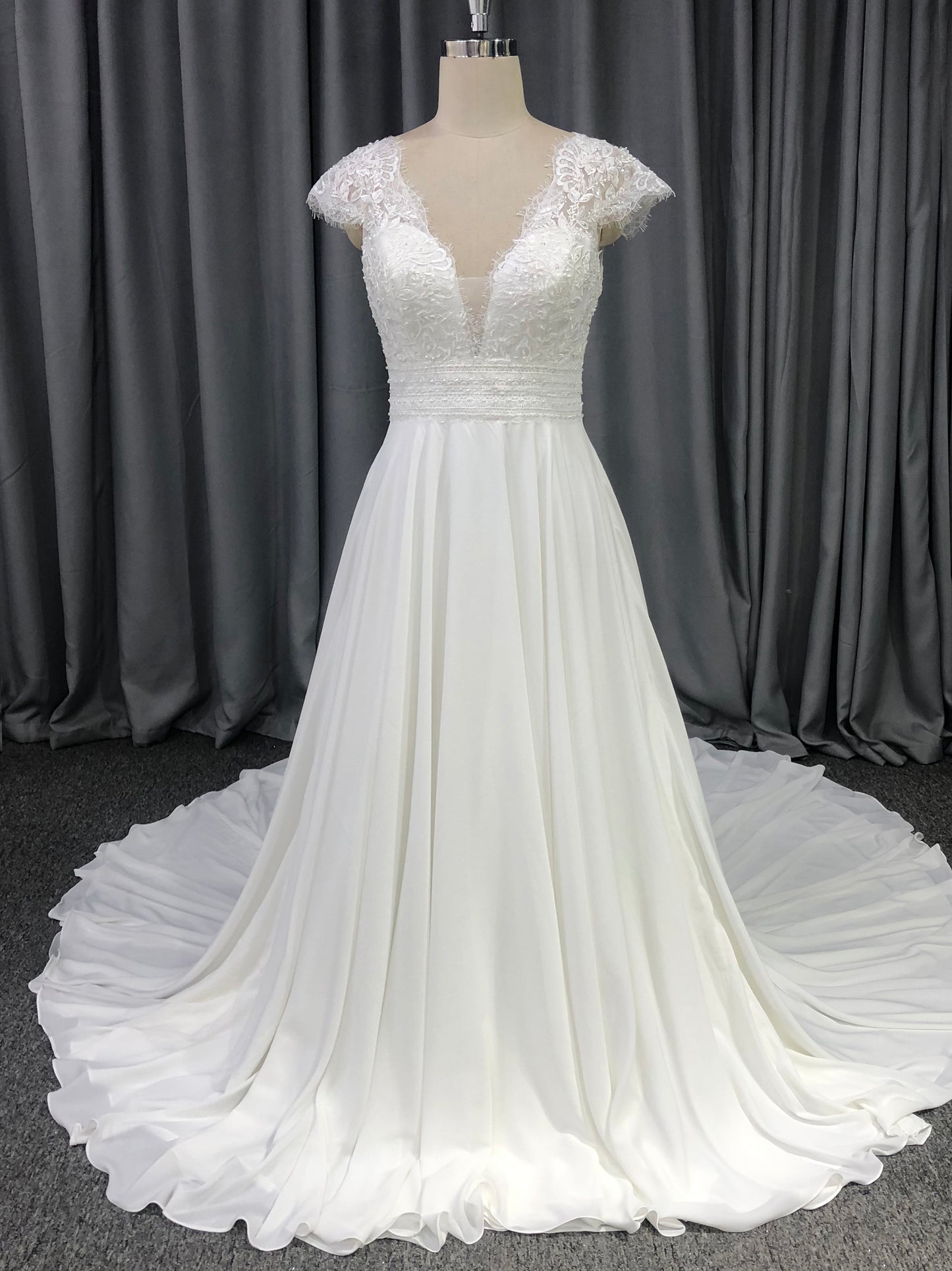 Cap sleeves V Neck  Lace With Beads  A-line  Wedding Dress With Train C0011