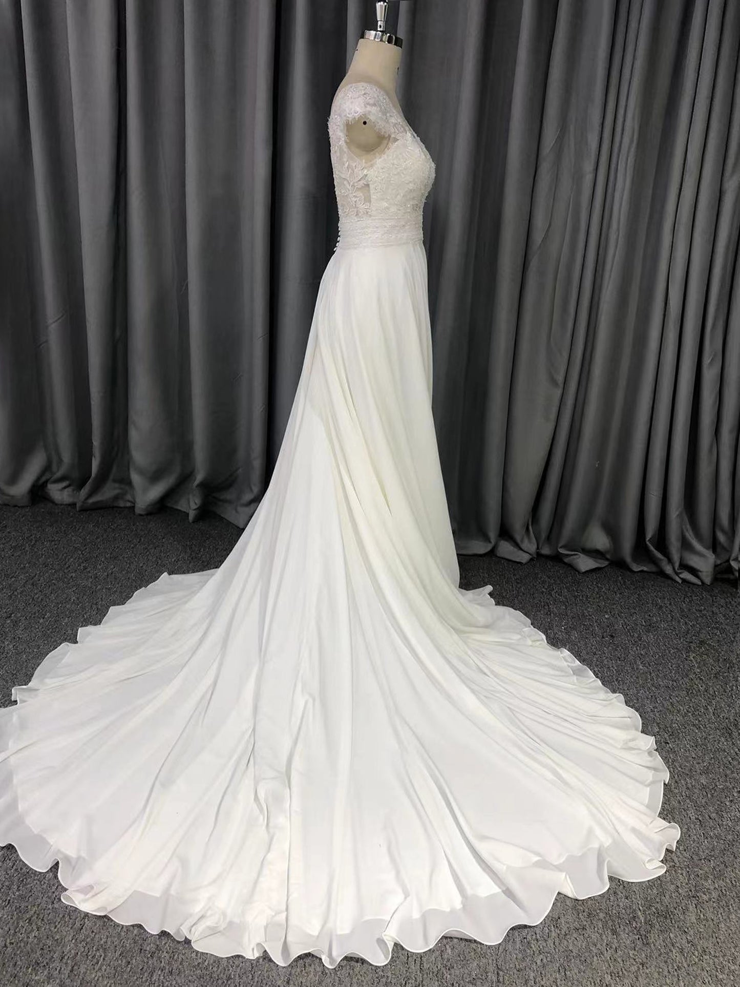 Cap sleeves V Neck  Lace With Beads  A-line  Wedding Dress With Train C0011